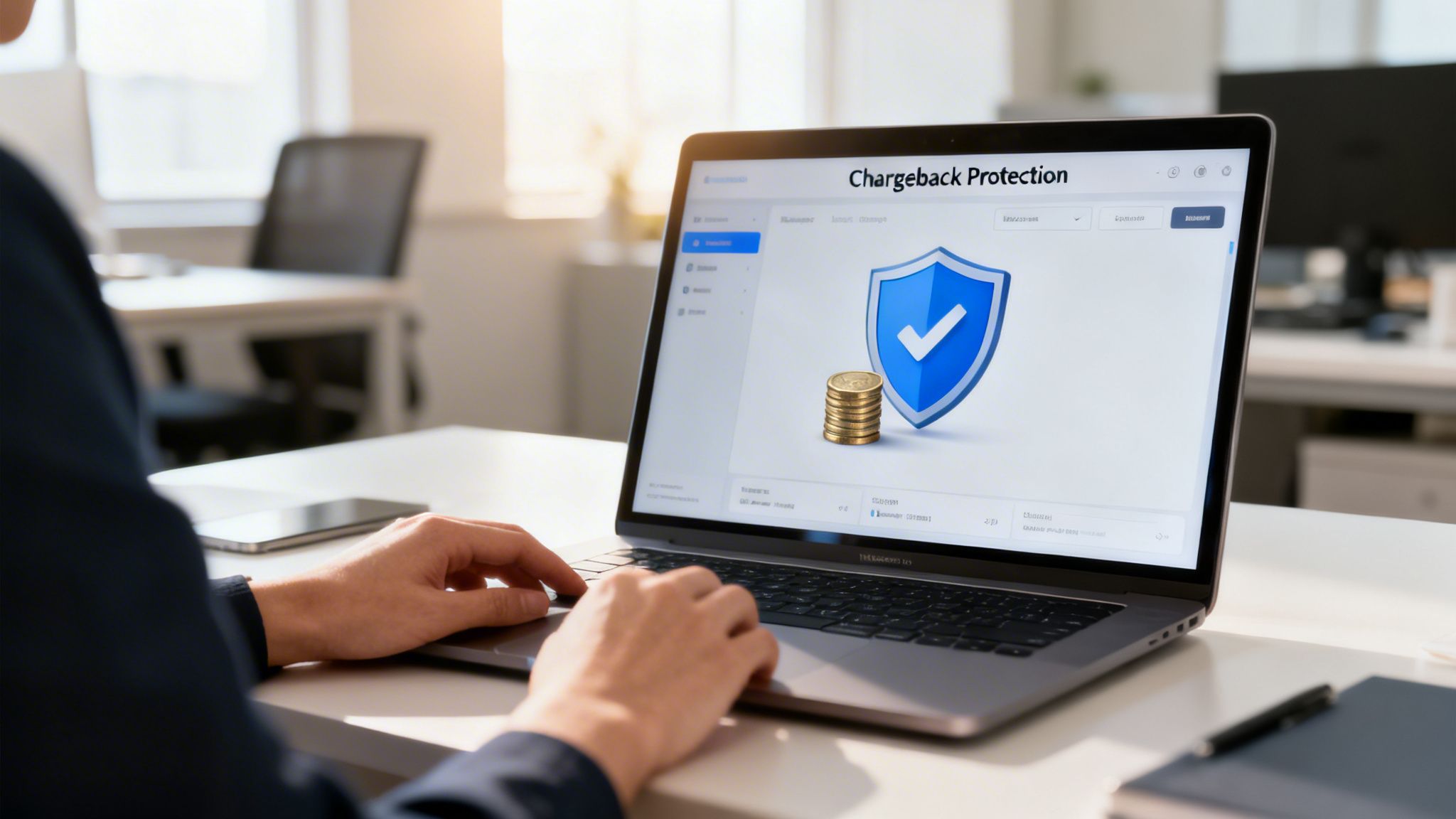 Person working on a laptop displaying a 'Chargeback Protection' interface with a shield and coins.
