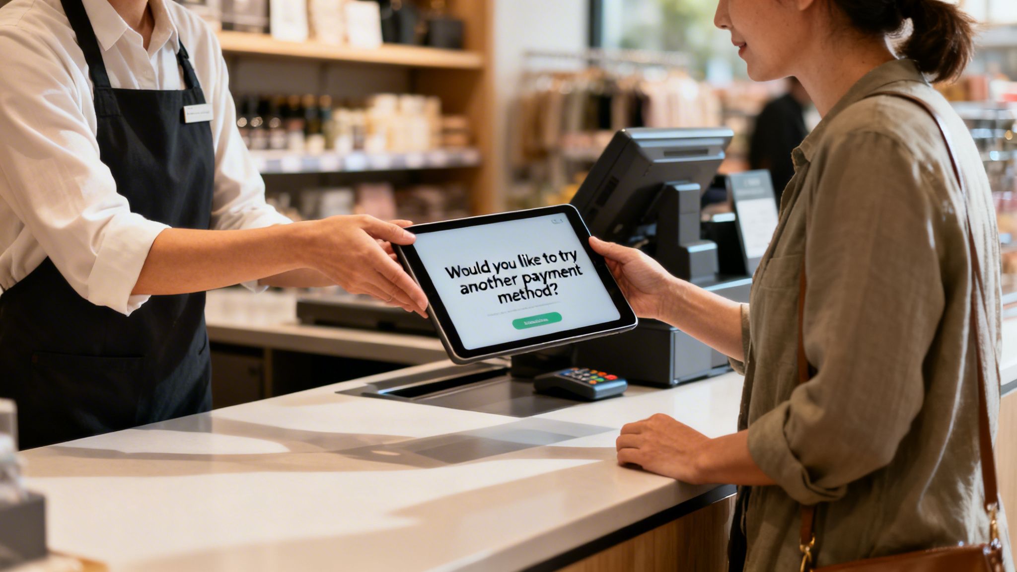 A customer interacts with a tablet presented by a store assistant for an alternative payment method.