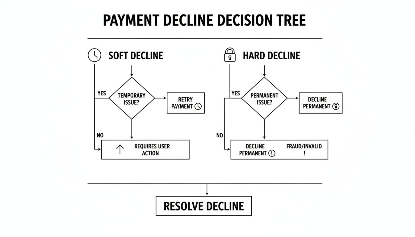A flowchart illustrating a payment decline decision tree, differentiating soft and hard declines, and their resolutions.