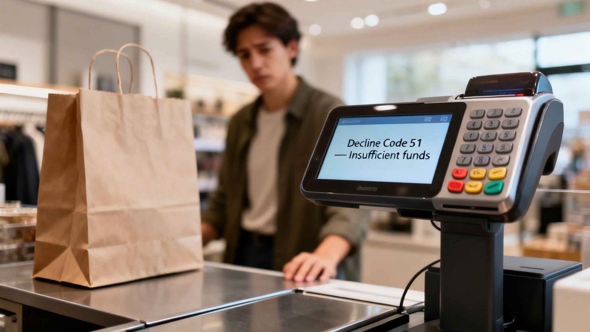 A young man looks disappointed as a payment terminal displays 'Decline Code 51 - Insufficient funds' at a store checkout.