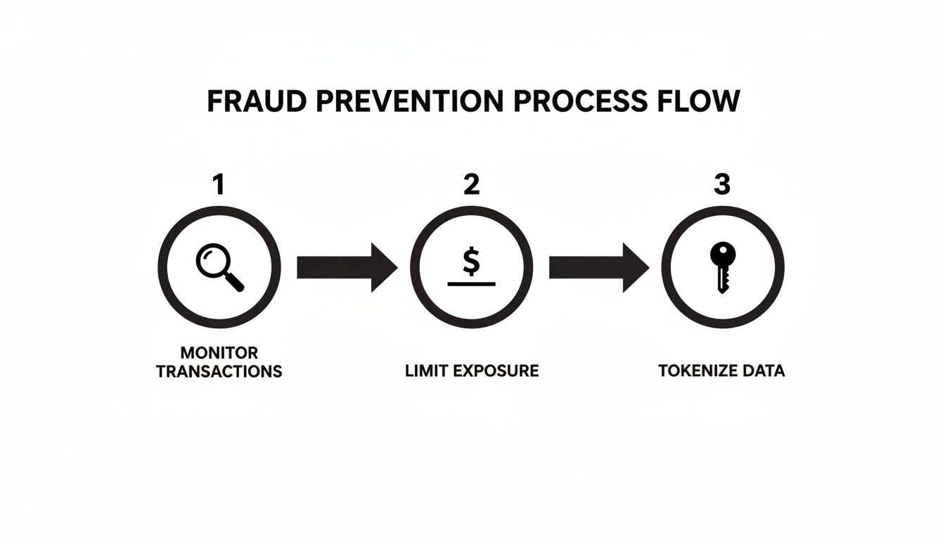 A diagram illustrating a three-step fraud prevention process: monitor transactions, limit exposure, and tokenize data.