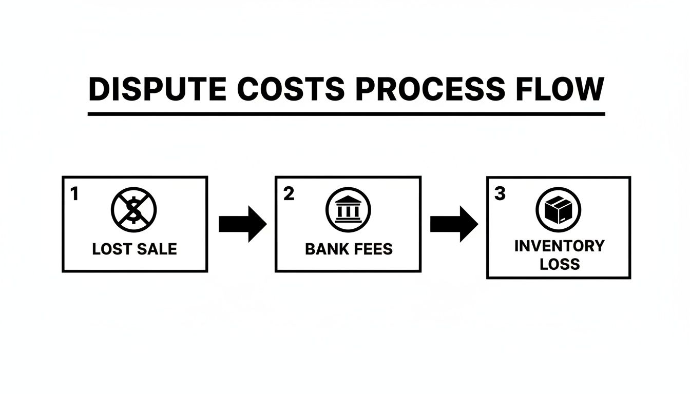 A process flow chart illustrating dispute costs, detailing lost sales, bank fees, and inventory loss.