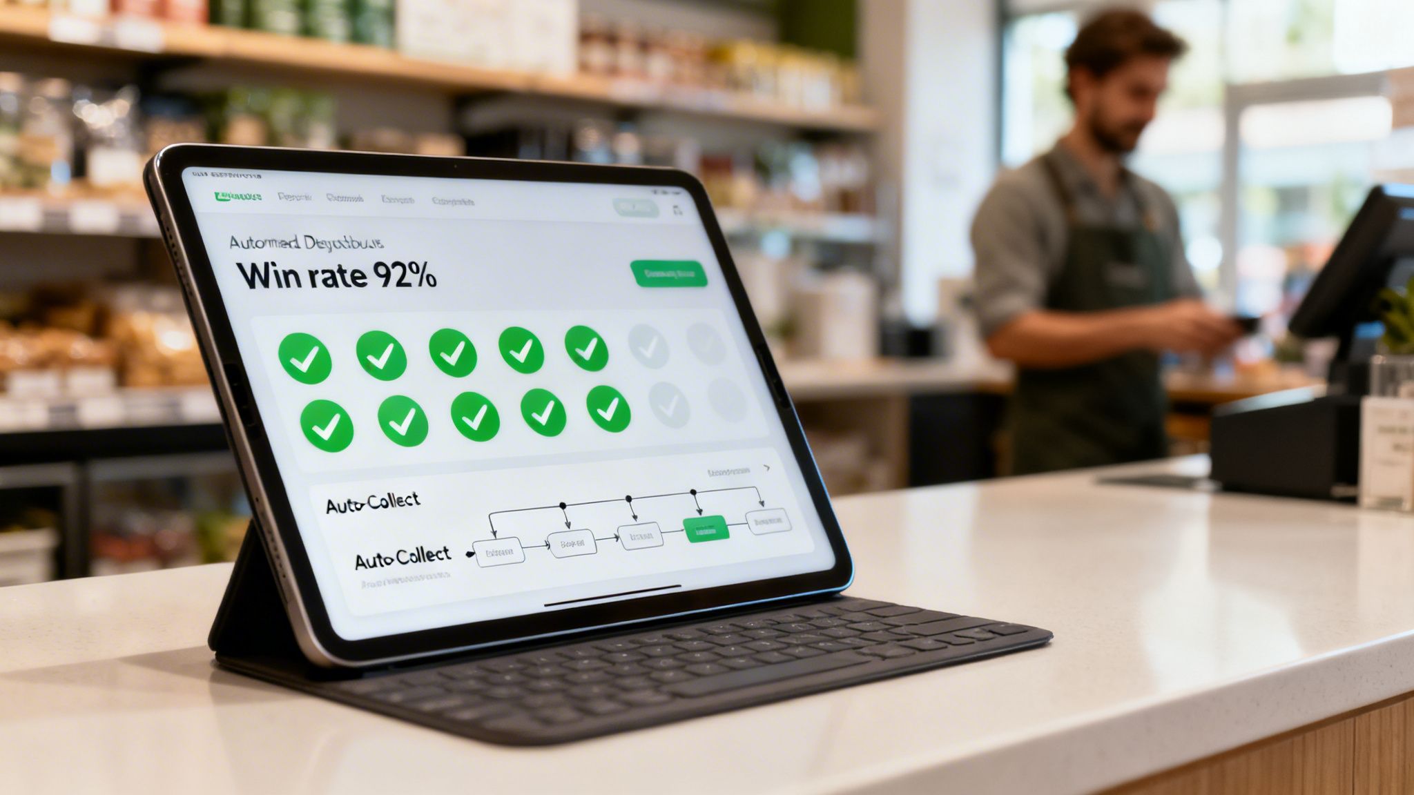 A tablet displaying a 'Win rate 92%' dashboard and a process flow, on a clean counter in a modern store setting.