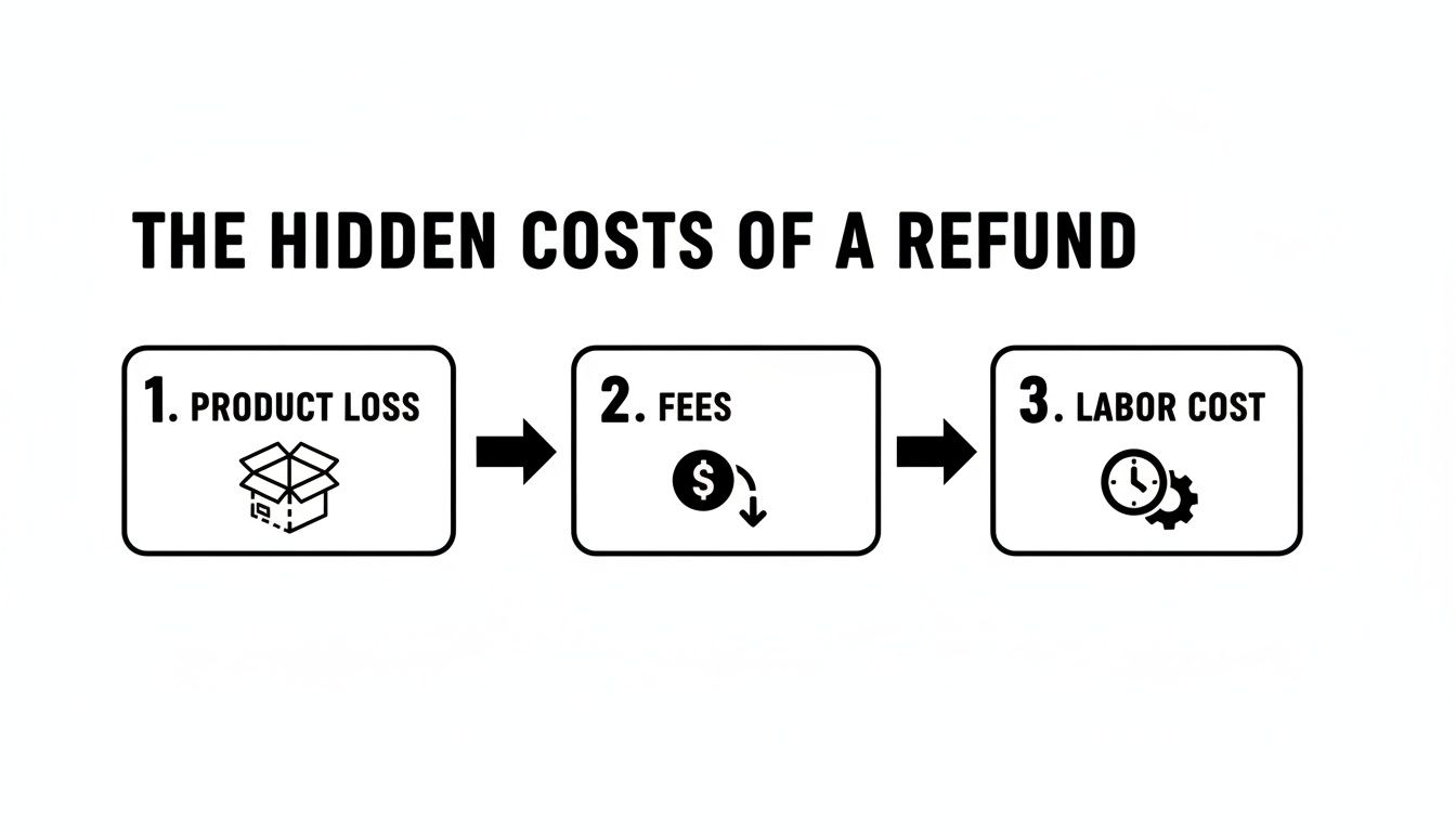 Infographic illustrating the hidden costs of a refund: product loss, fees, and labor cost.