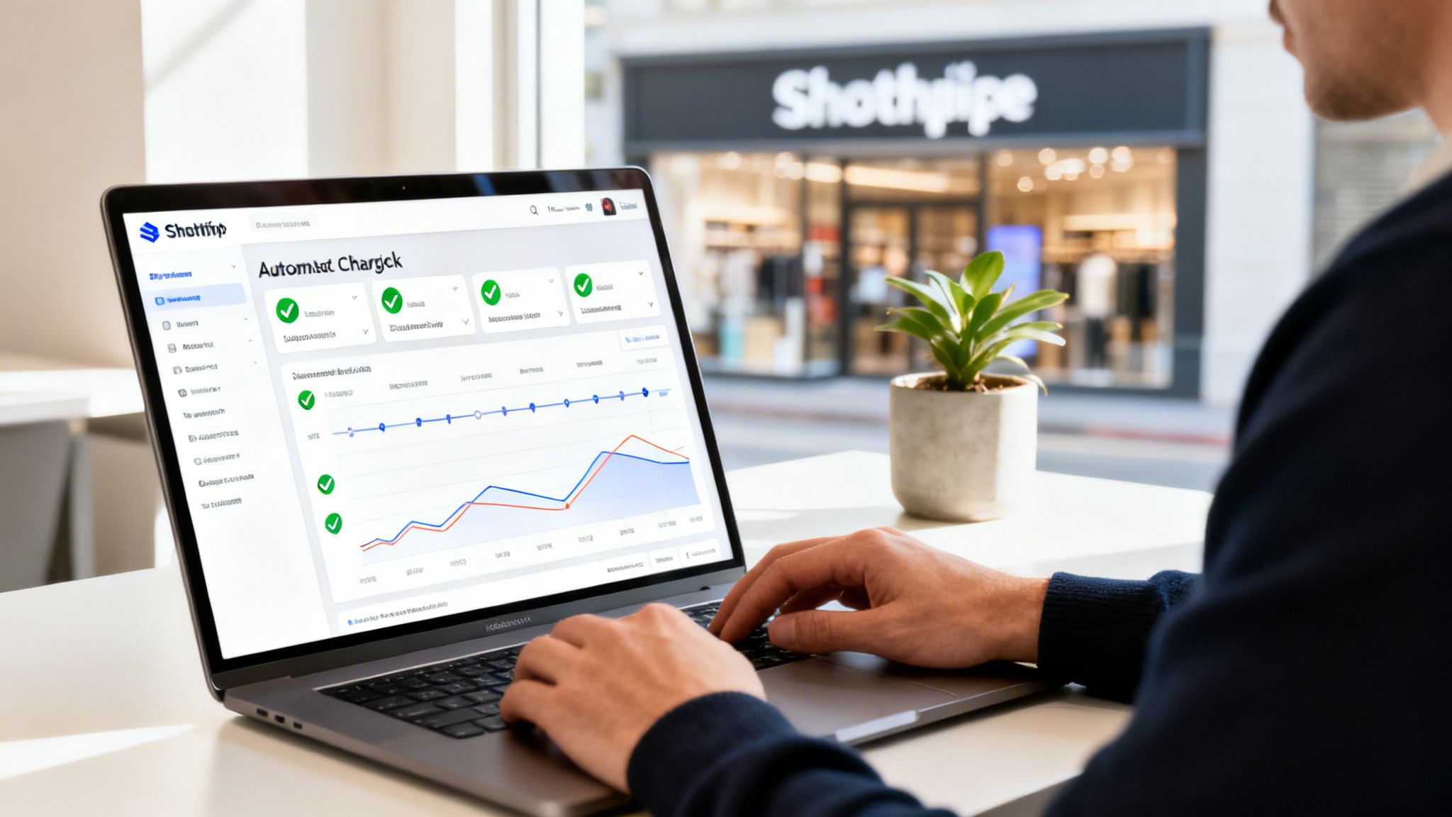 Man using a laptop with a financial dashboard showing graphs and checkboxes, next to a potted plant.
