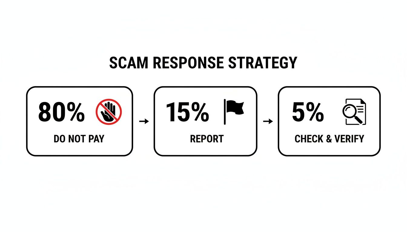 Flowchart outlining a scam response strategy: 80% do not pay, 15% report, and 5% check & verify.