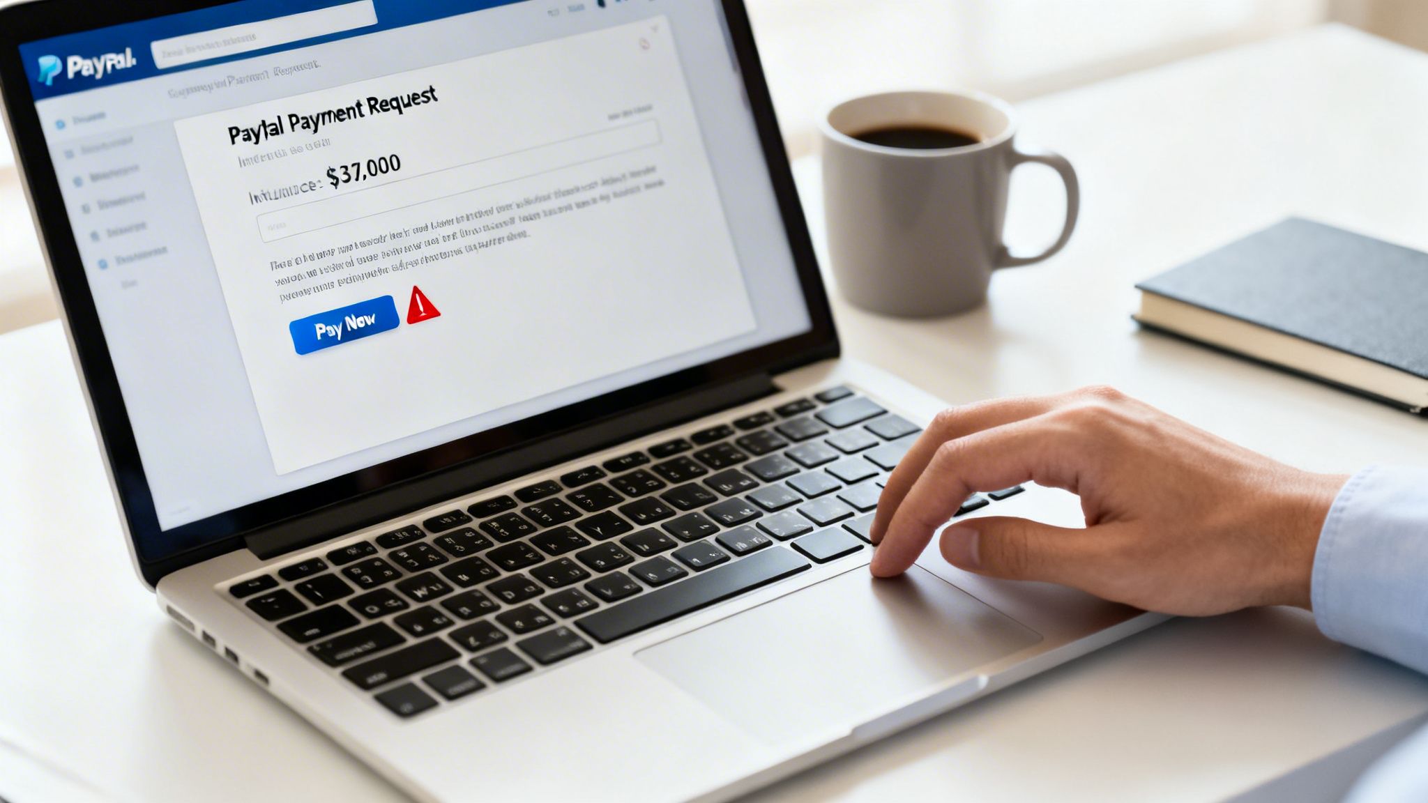 A person's hand interacting with a laptop displaying a fraudulent PayPal payment request of $37,000.