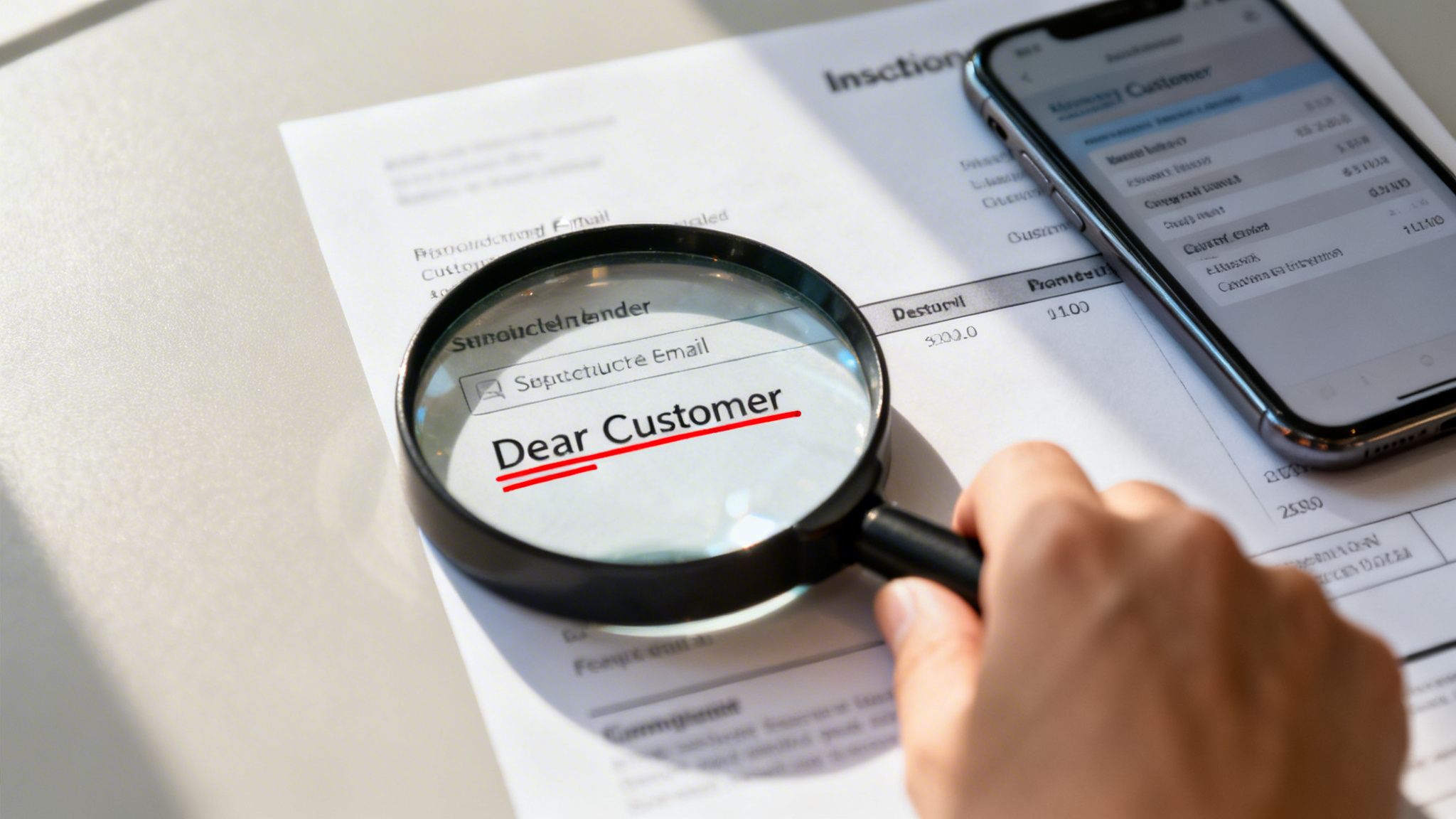 A person examines a document with 'Dear Customer' underlined using a magnifying glass, next to a smartphone.