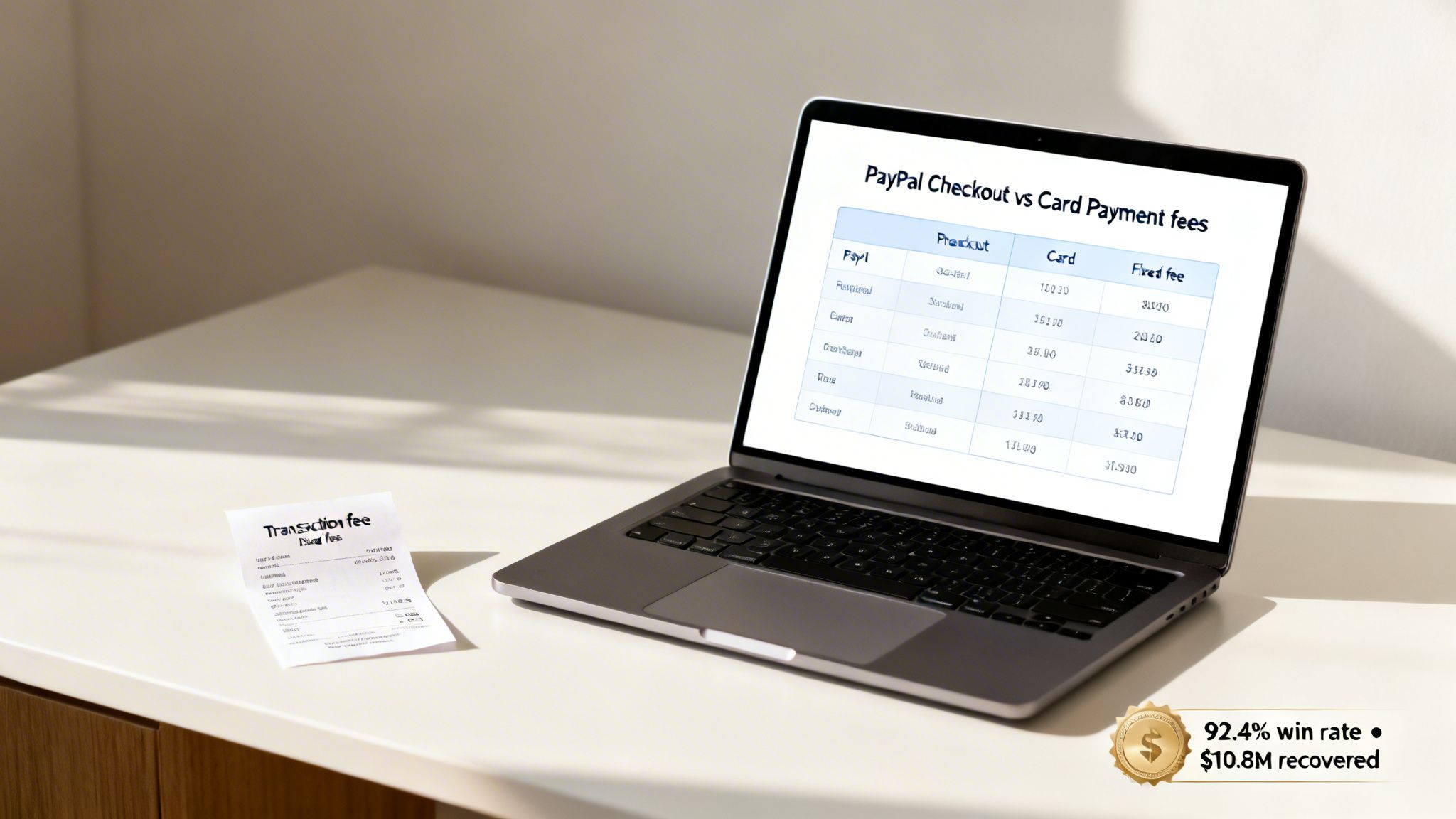 A laptop displays PayPal and card payment fees, next to a transaction fee receipt and financial recovery metrics.