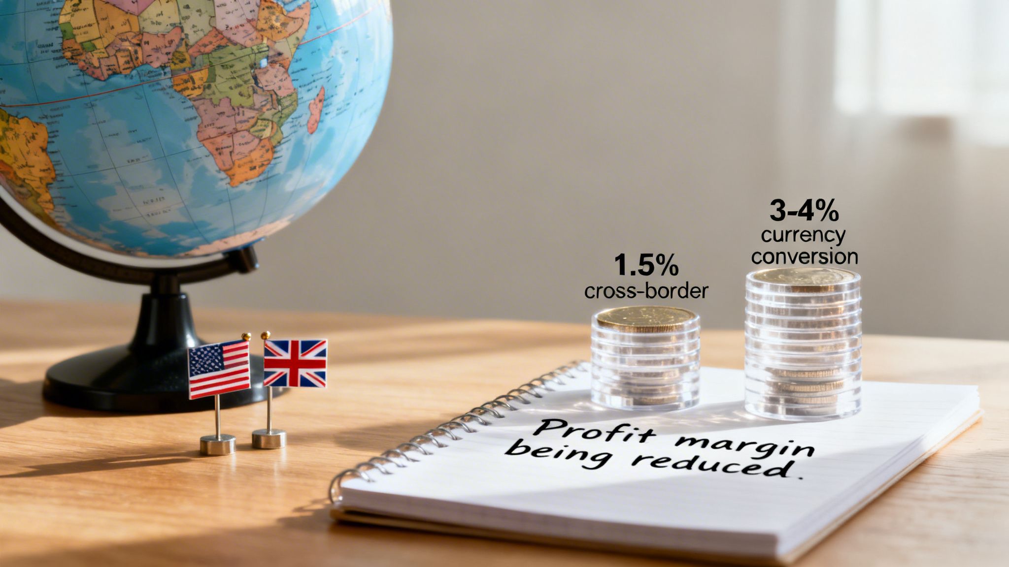A globe, US and UK flags, and coin stacks illustrate cross-border and currency conversion fees reducing profit margins.