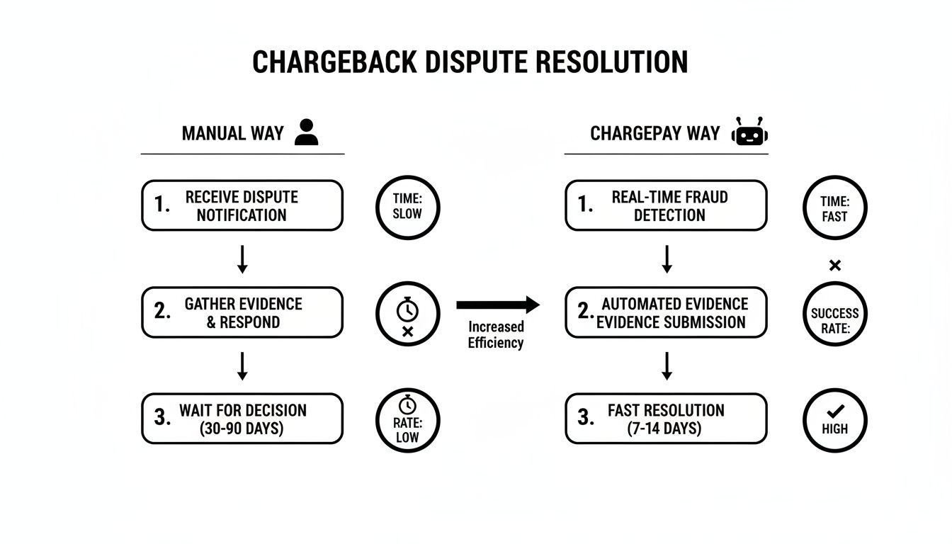 A diagram comparing manual vs. automated chargeback dispute resolution, highlighting faster processing and higher success rates with automation.