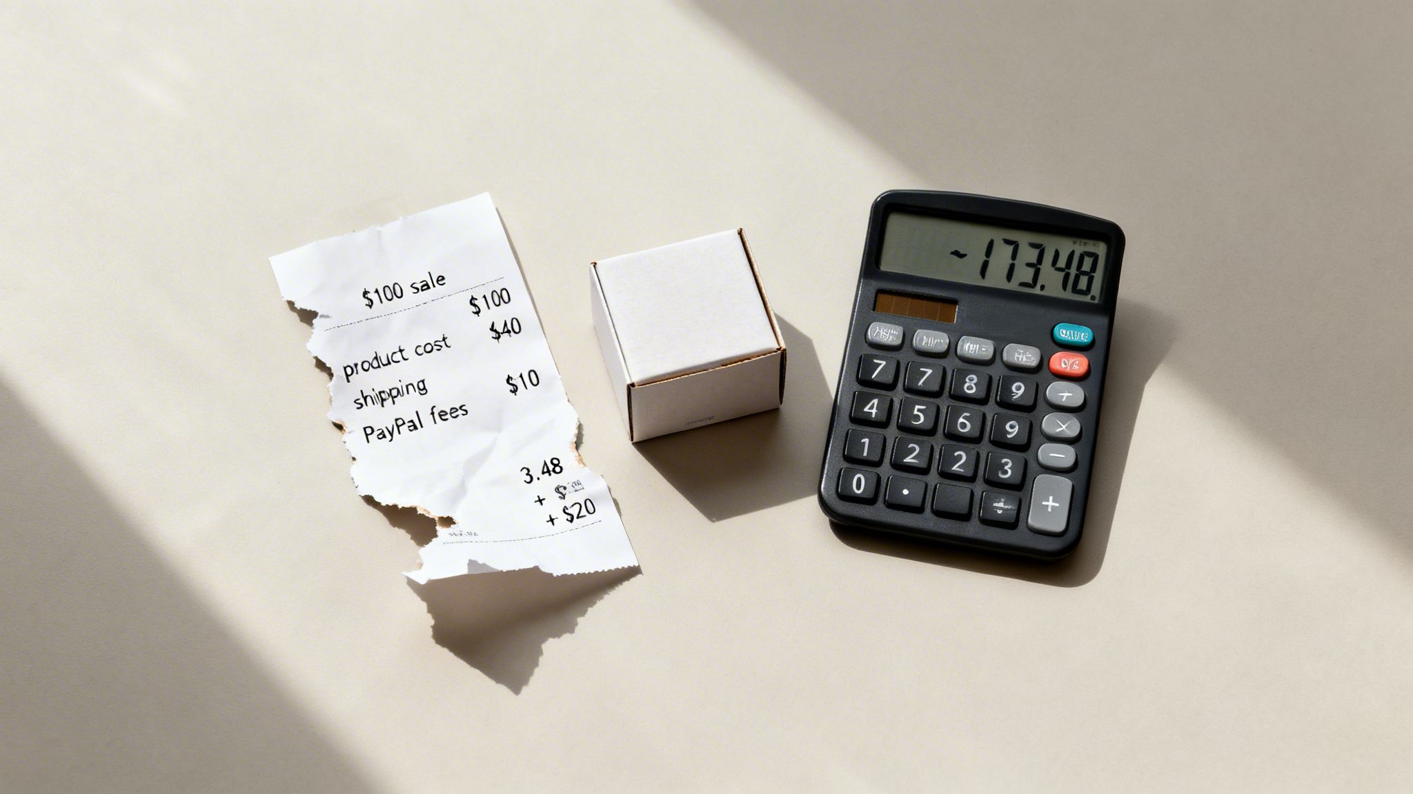 A calculator, receipt showing sale costs and PayPal fees, and a small box.