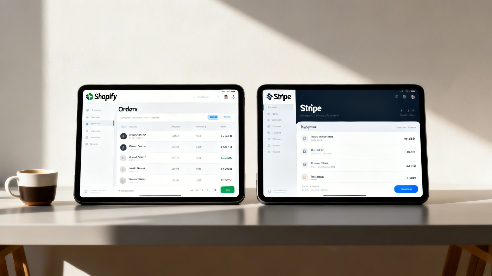 Two tablets displaying Shopify orders and Stripe payments side-by-side on a modern desk.