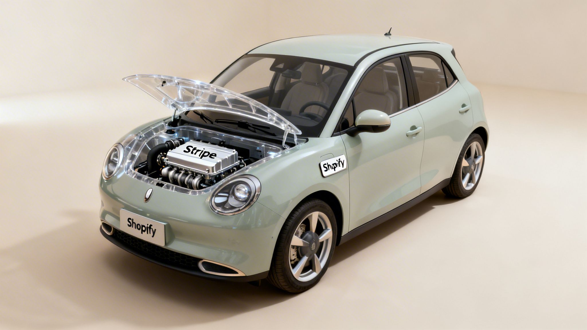 A light green car with a transparent hood open, revealing an engine labeled "Stripe" and "Shopify" logos on the car.