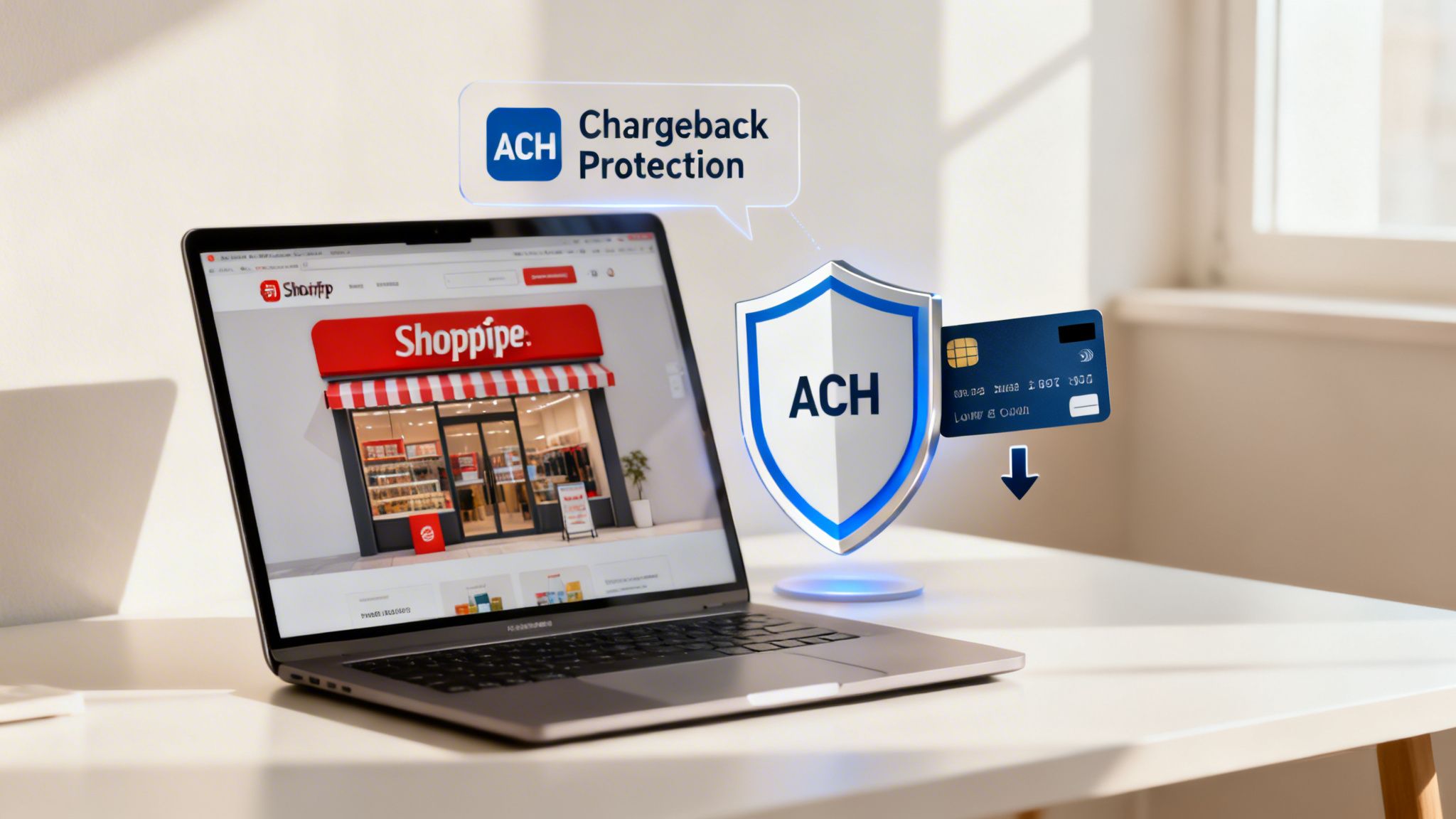 A laptop displays an e-commerce site, with ACH chargeback protection shielding a credit card.