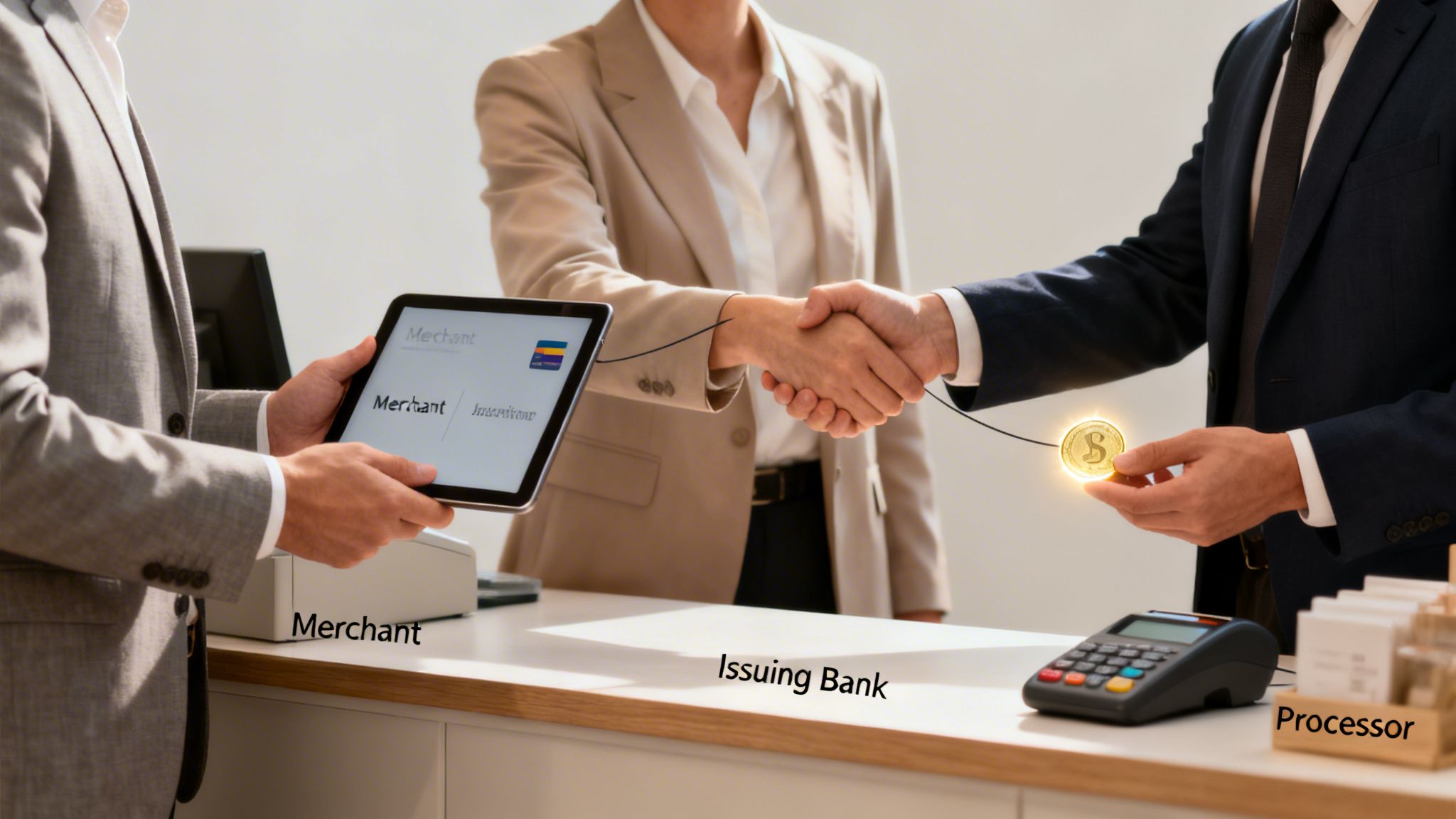Visual representation of a credit card transaction flow involving a merchant, an issuing bank, and a processor.