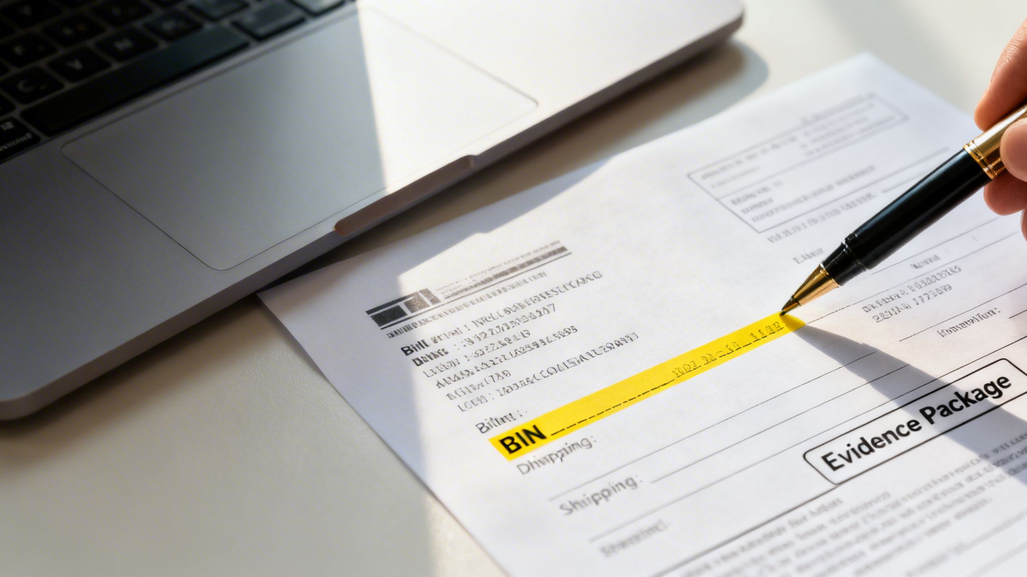 A hand highlights 'BIN' on a document with a pen, next to a laptop.