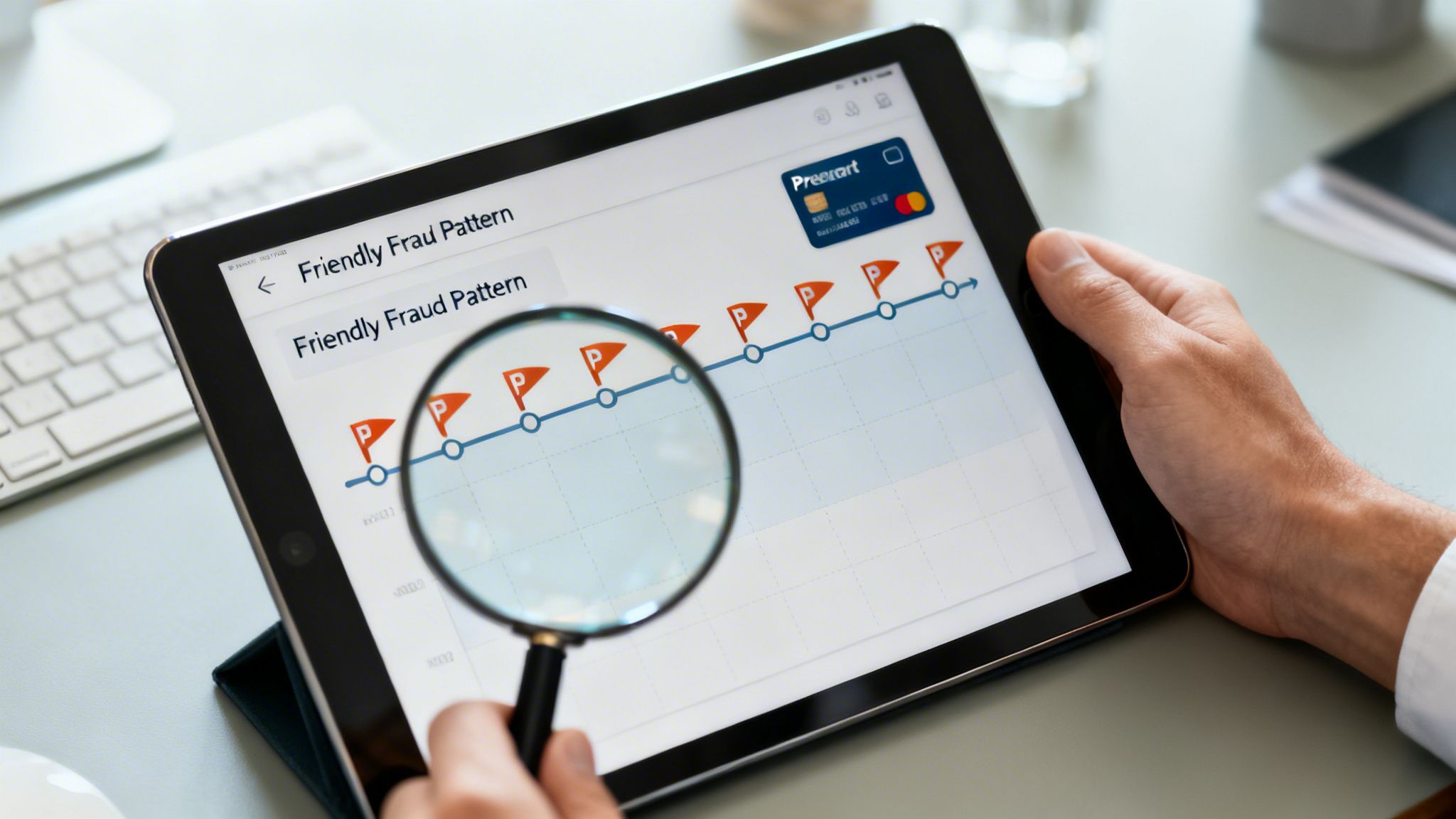 Person examining a 'Friendly Fraud Pattern' graph on a tablet with a magnifying glass, showing a credit card.