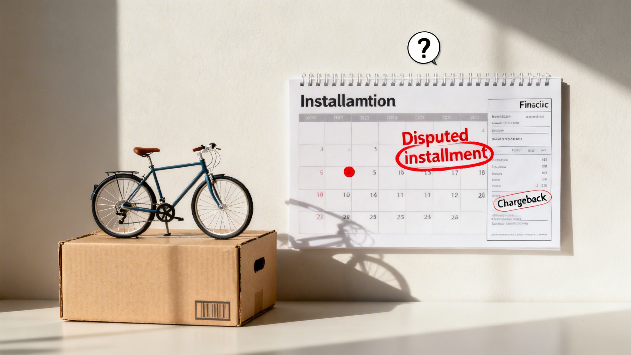 A miniature bicycle on a cardboard box next to a calendar highlighting 'Disputed installment' and 'Chargeback'.