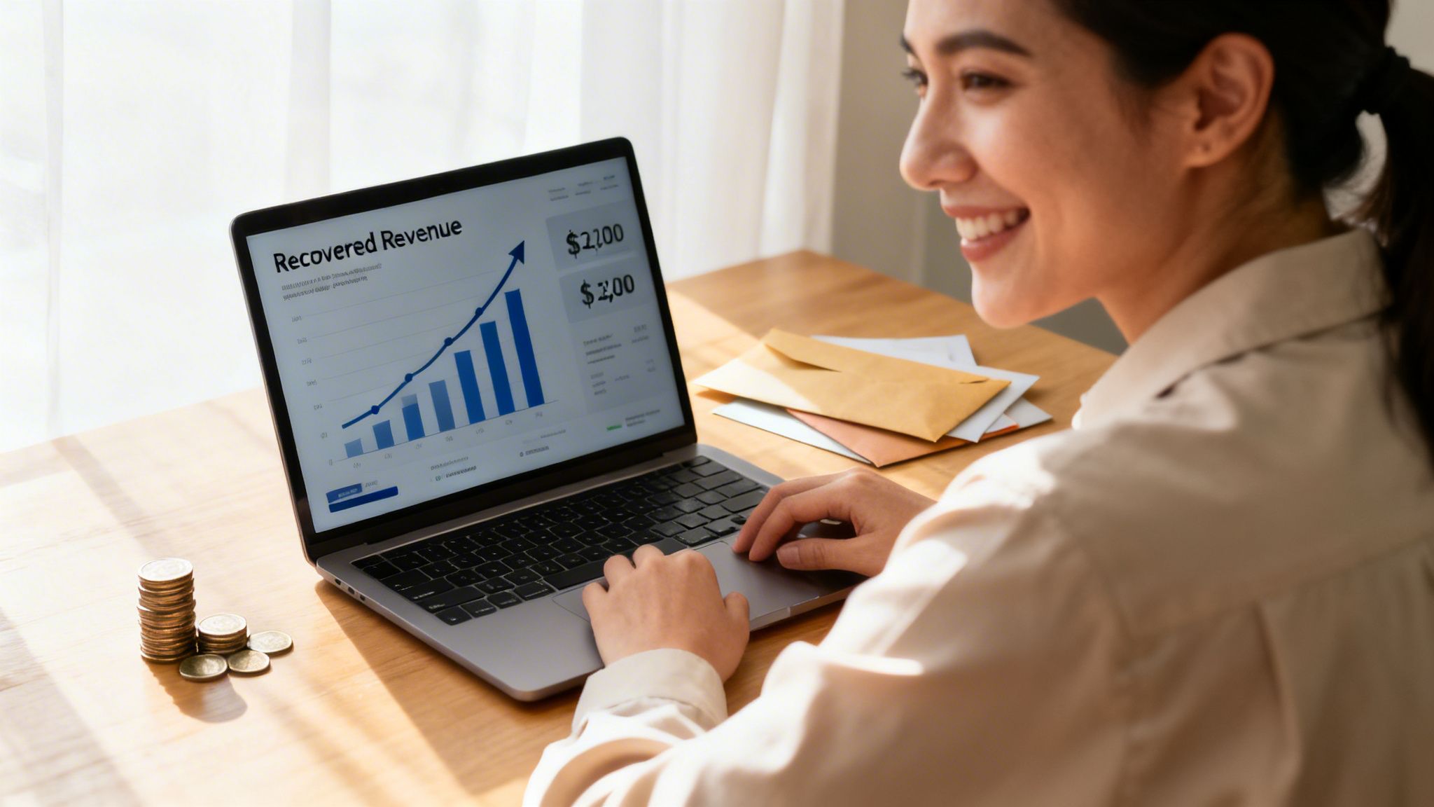 A smiling woman looks at a laptop showing a recovered revenue graph, with stacked coins on the desk.