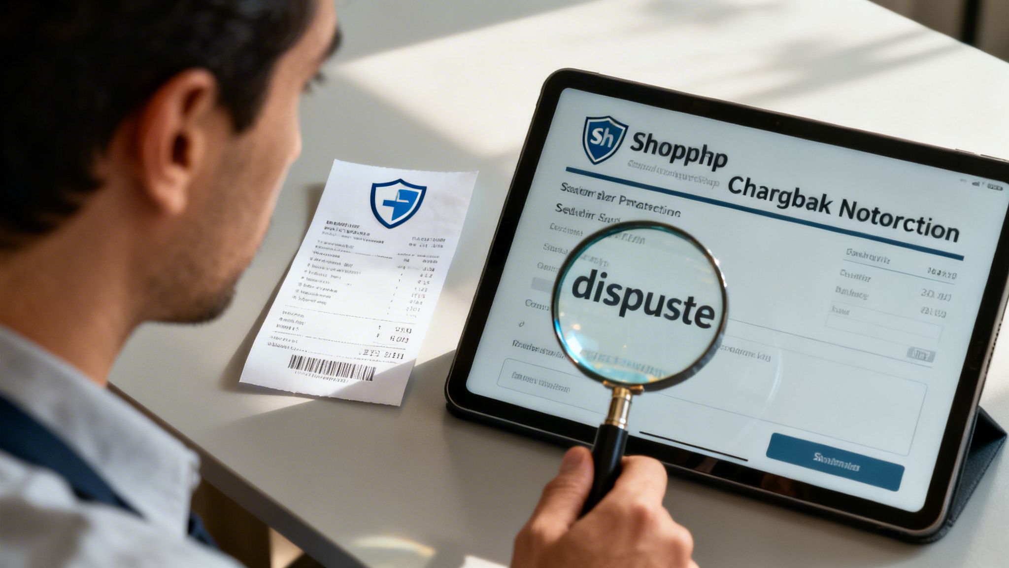 A person examines a paper receipt and a tablet displaying a financial dispute form with a magnifying glass.
