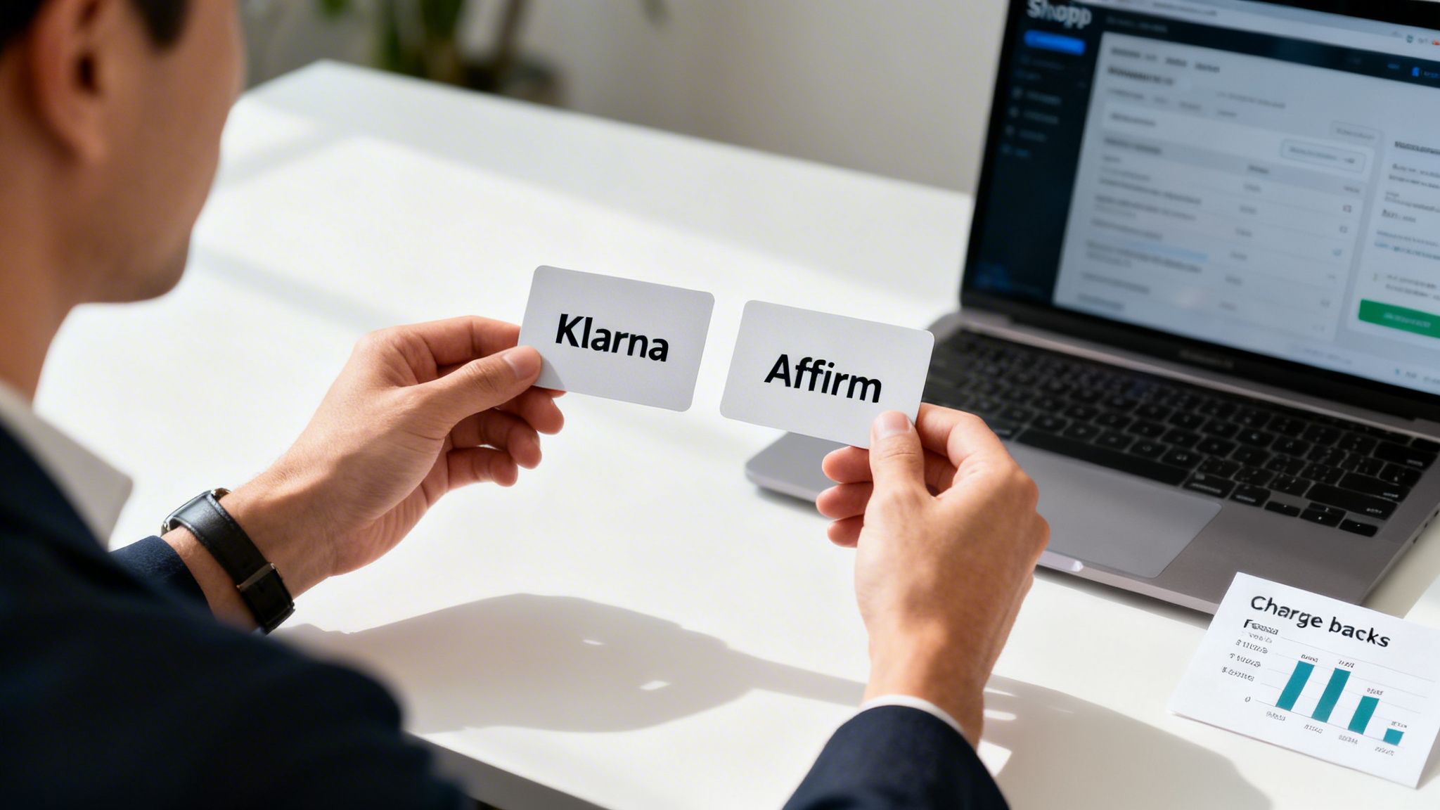 A person holds cards labeled 'Klarna' and 'Affirm', comparing payment options at a desk with a laptop and chart.