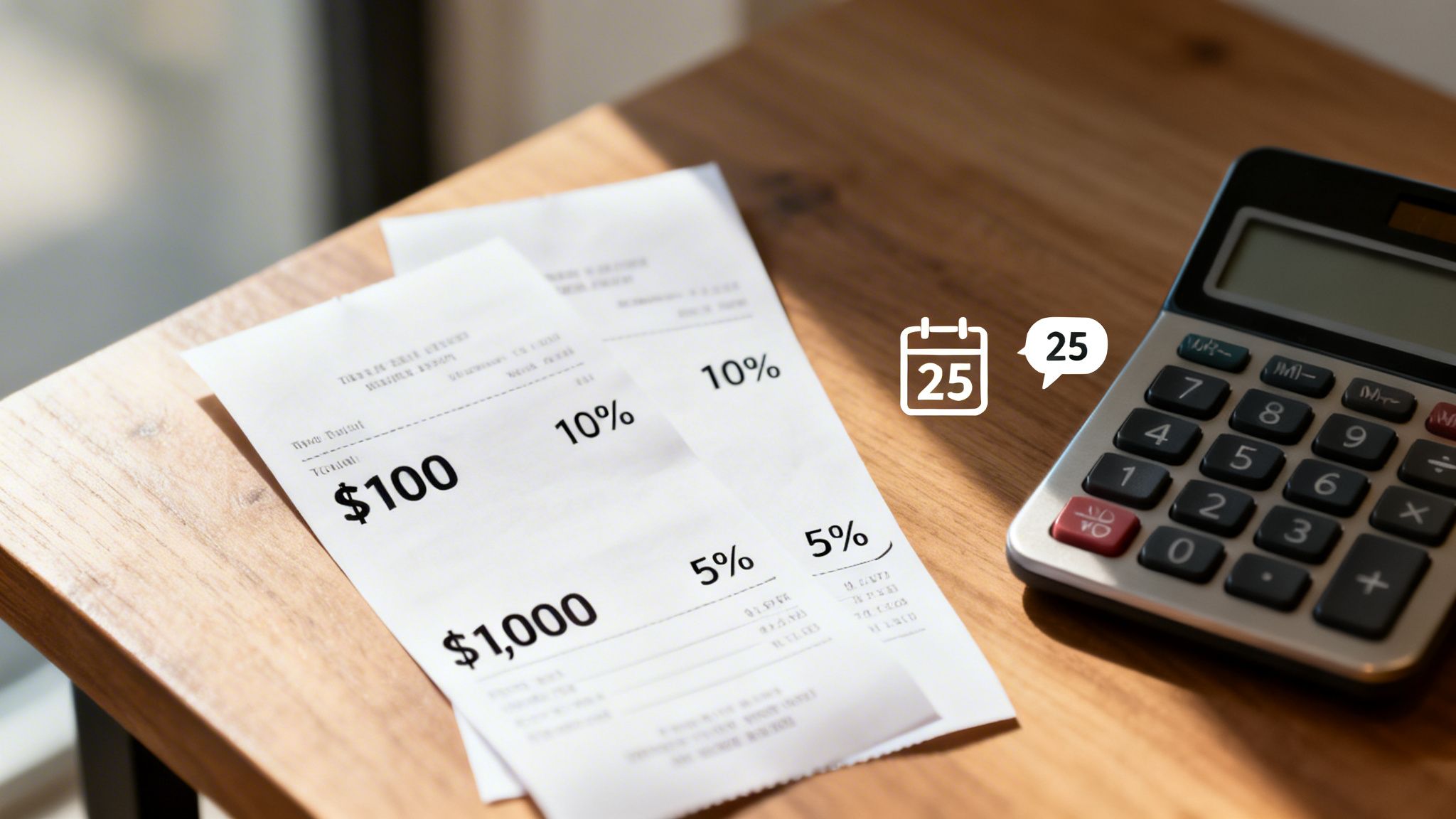 Financial receipts displaying amounts and percentages, next to a calculator and a calendar icon on a wooden table.