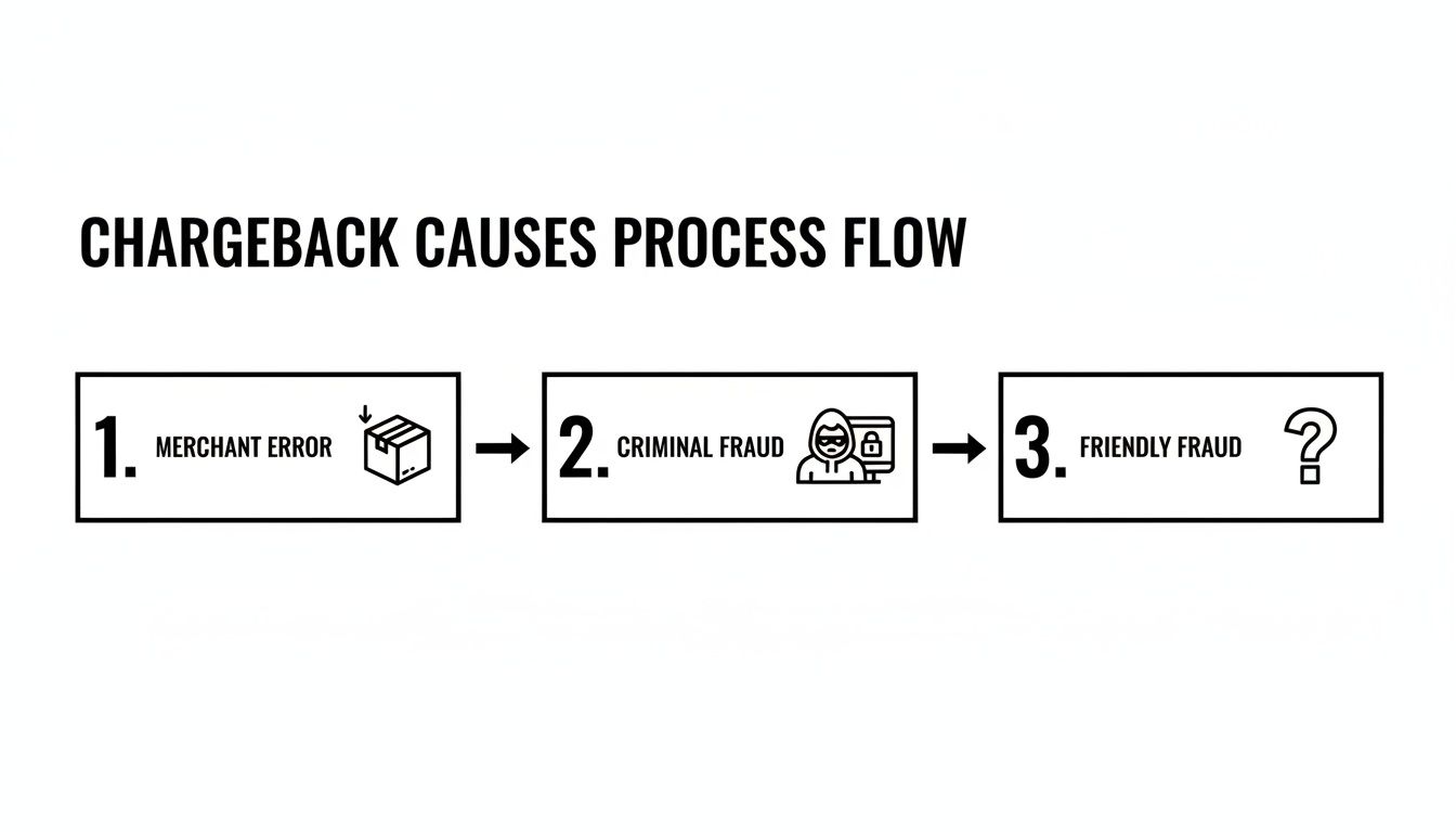 A chargeback causes process flow diagram illustrating merchant error, criminal fraud, and friendly fraud.
