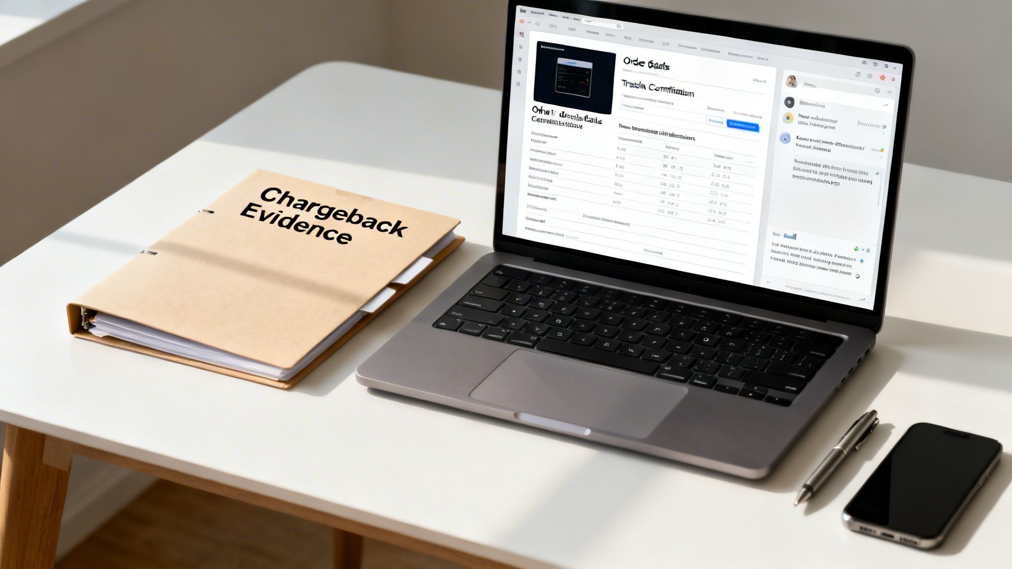 A binder labeled 'Chargeback Evidence' sits on a white desk next to a laptop, pen, and smartphone.