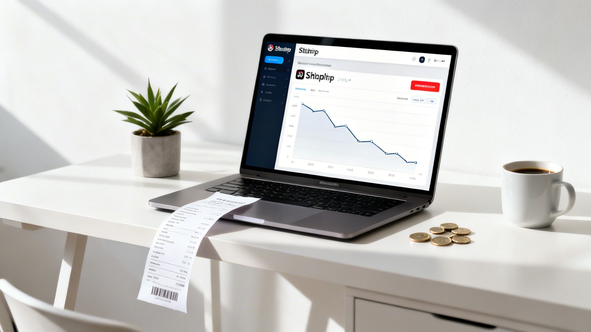 A laptop displays a business dashboard with a declining graph, alongside a long receipt, coins, and a plant on a white desk.