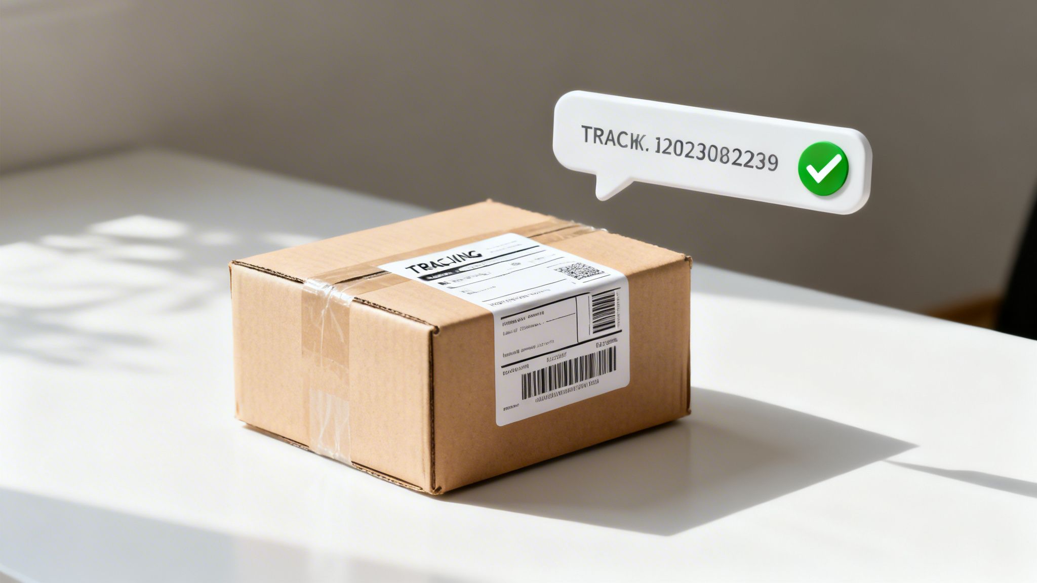 A brown cardboard box with a tracking label and a floating notification bubble showing a tracking number and a checkmark.