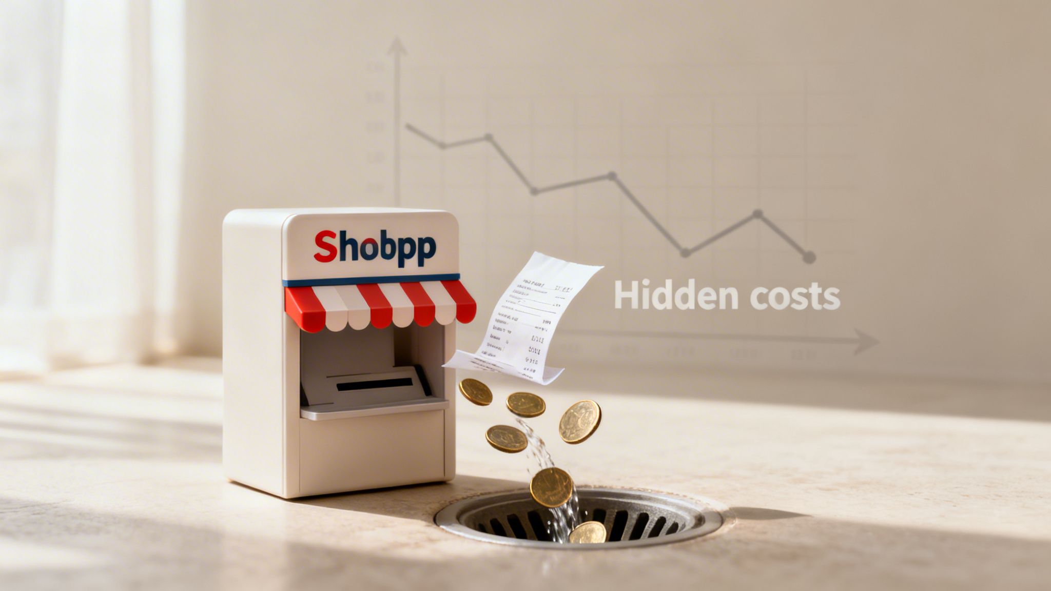 A 'Shobpp' machine issues a receipt while coins fall into a drain, symbolizing hidden costs.