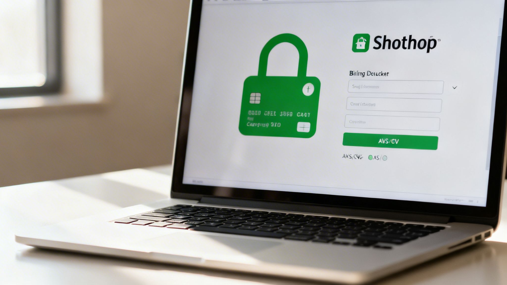 A laptop displaying a secure online payment page with a green padlock and credit card details.