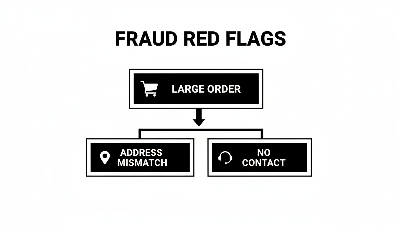 Flowchart illustrating fraud red flags: a large order leading to address mismatch or no contact.