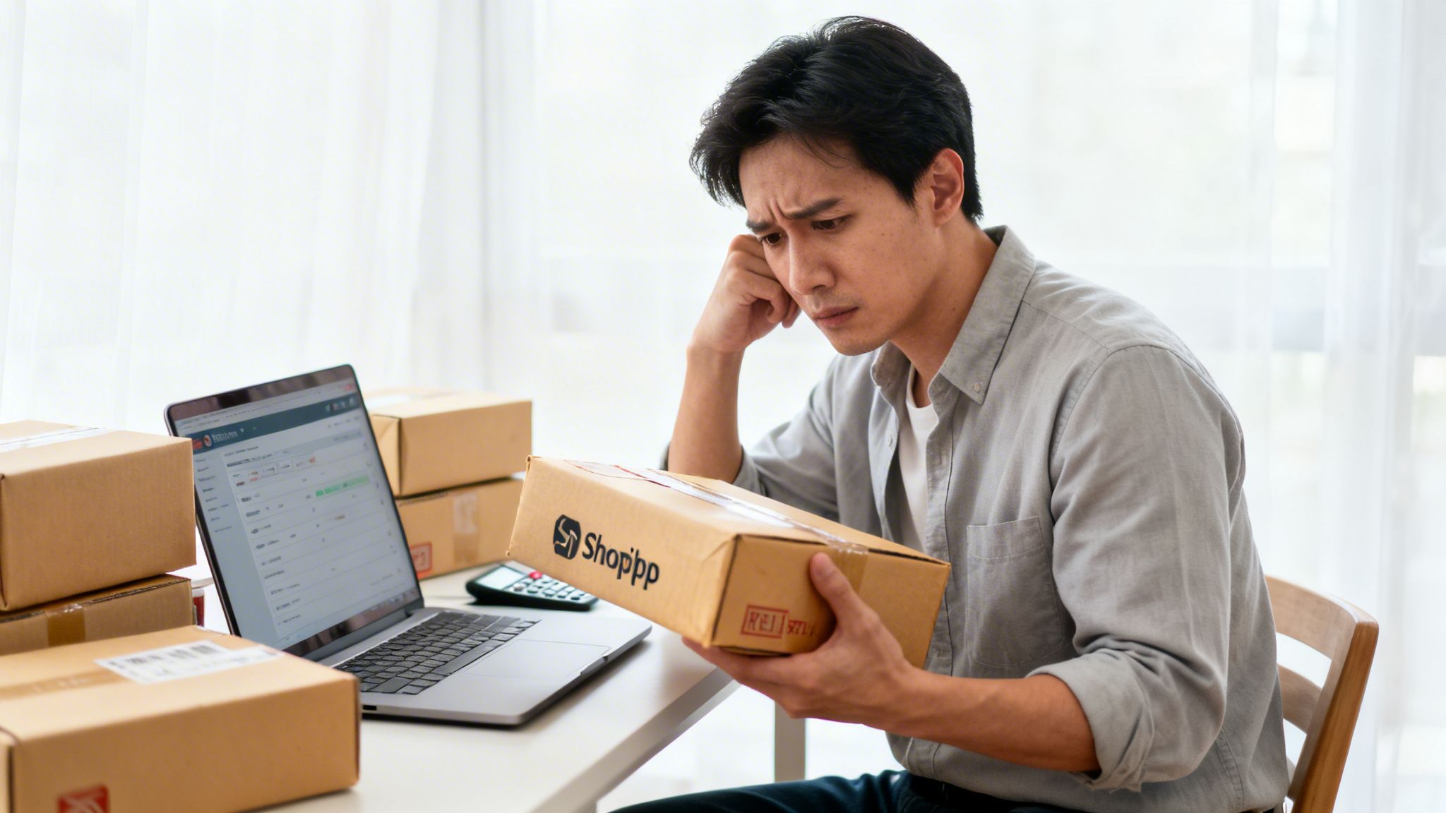 A worried online seller holds a package, surrounded by shipping boxes and a laptop, appearing stressed about his business.