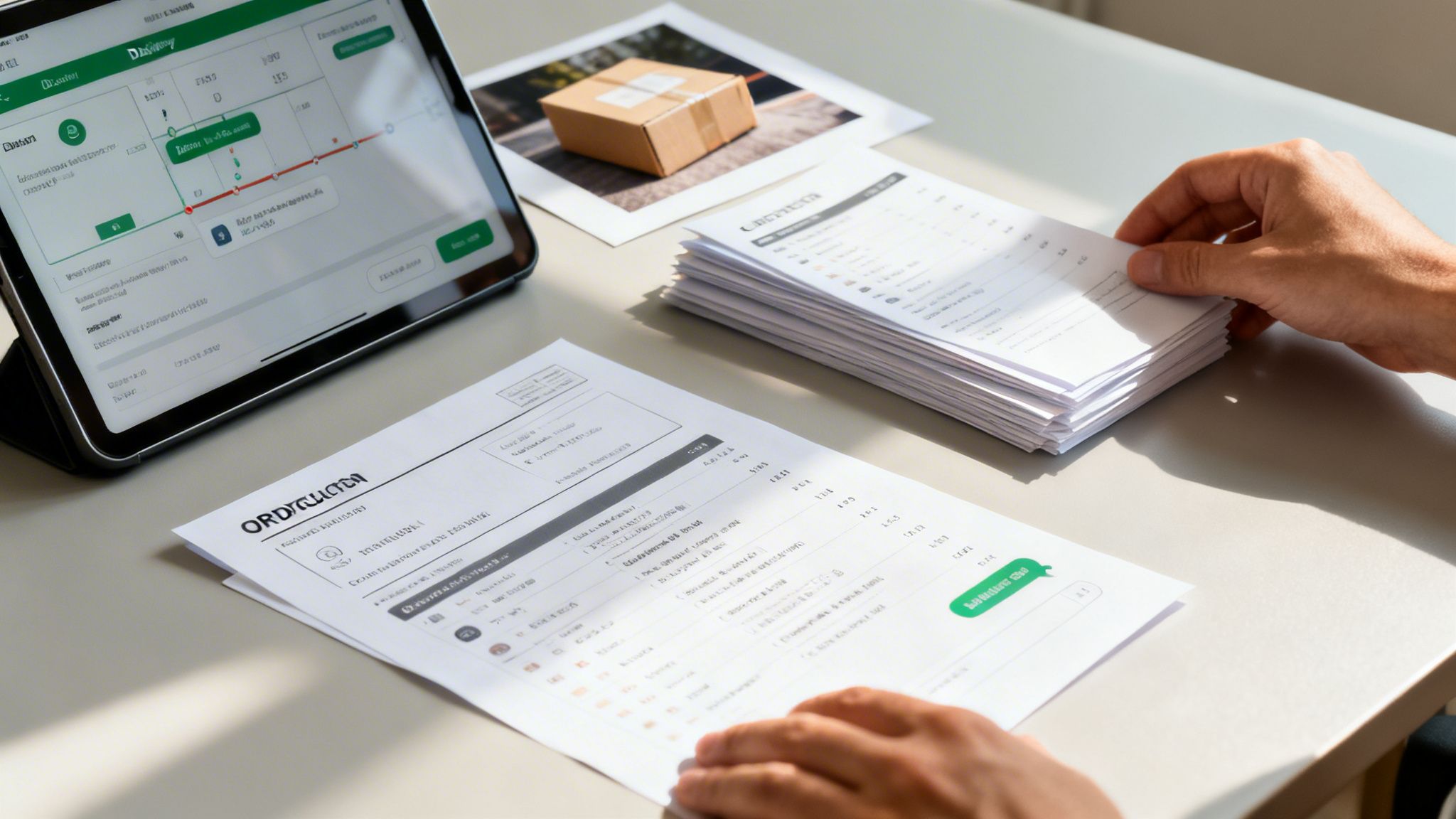 Overhead view of a person managing logistics documents, a tablet, and a package on a desk.