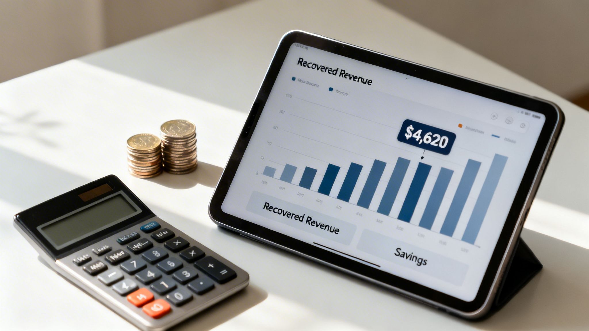 A tablet displaying recovered revenue statistics, calculator, and coins on a white desk.