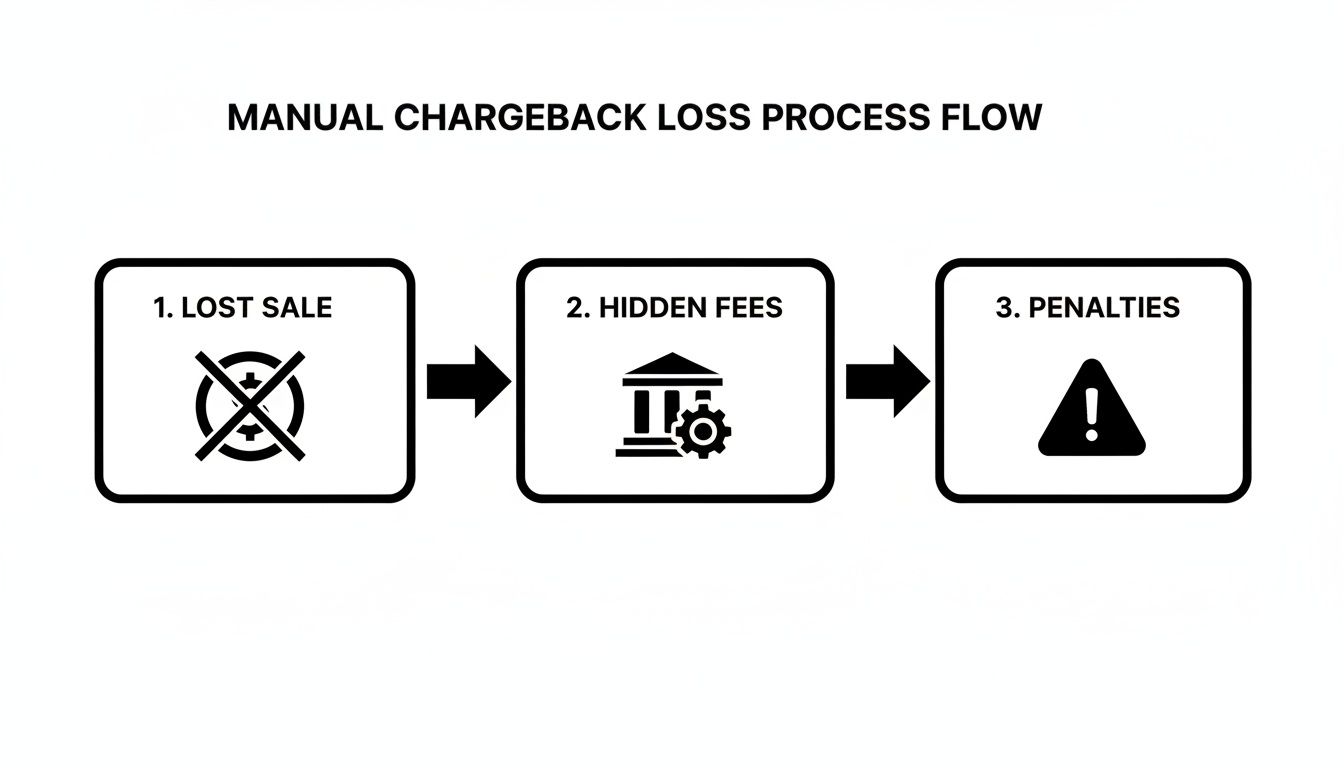 A flowchart illustrates the manual chargeback loss process: lost sale, hidden fees, and penalties.