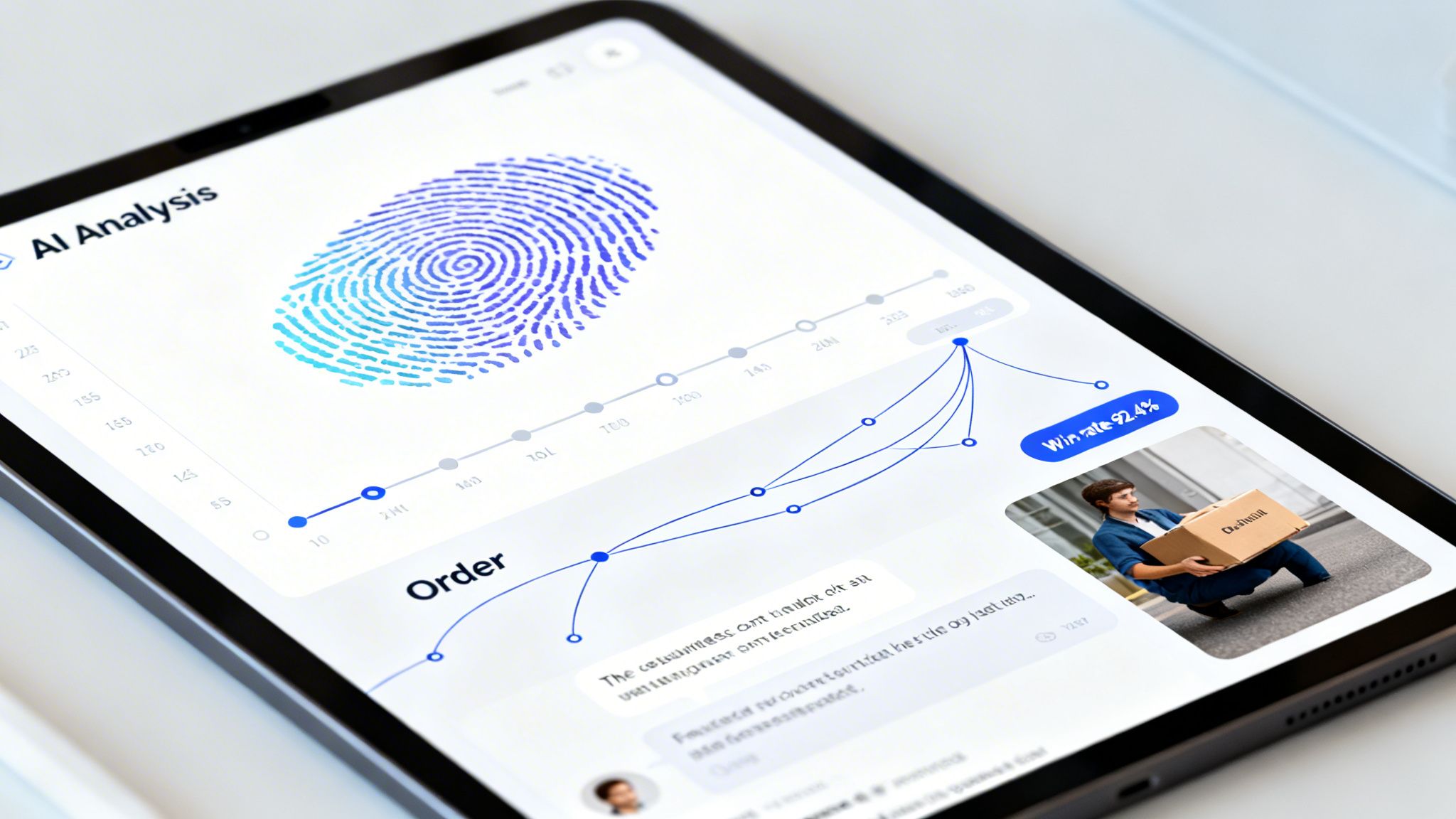 A tablet displays an AI analysis dashboard with a fingerprint, line graph, and delivery image.
