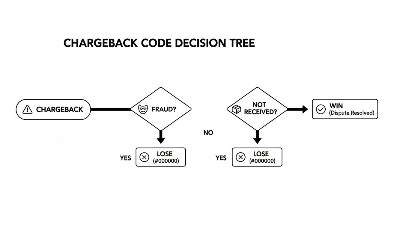 A decision tree flowchart illustrating the chargeback resolution process, evaluating fraud and item receipt.
