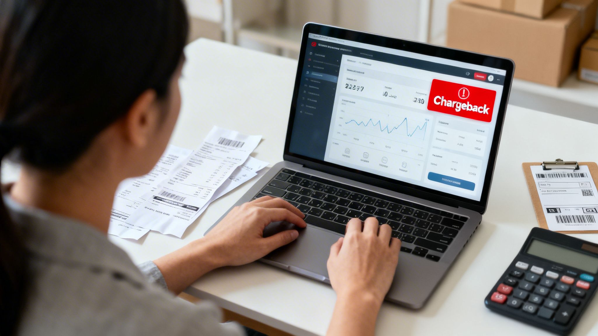 A person is typing on a laptop with a 'Chargeback' warning on the screen, surrounded by receipts and a calculator.