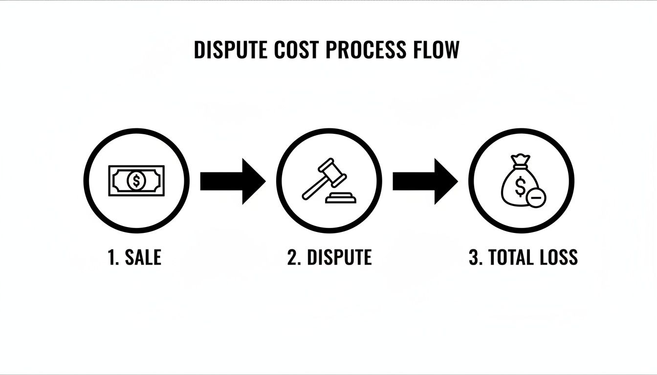 A dispute cost process flow diagram illustrating steps from sale, to dispute, and total loss.