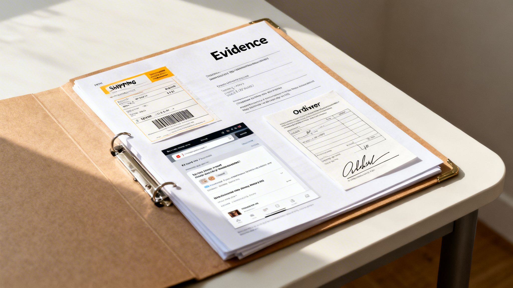 A brown binder with 'Evidence' documents, including shipping labels, a receipt, and a digital screenshot.