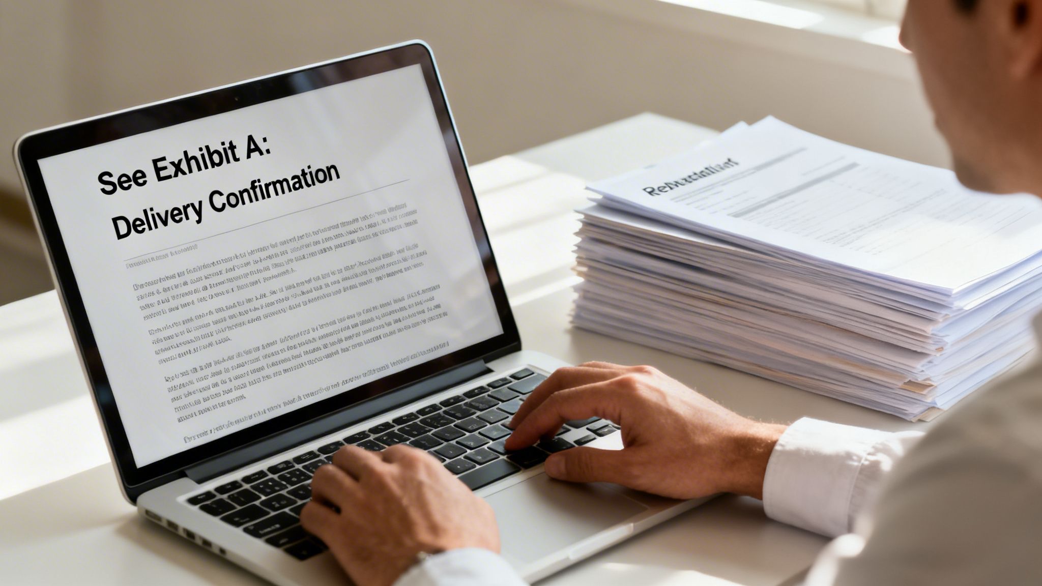 Close-up of a person typing on a laptop displaying 'Delivery Confirmation' with a stack of documents.