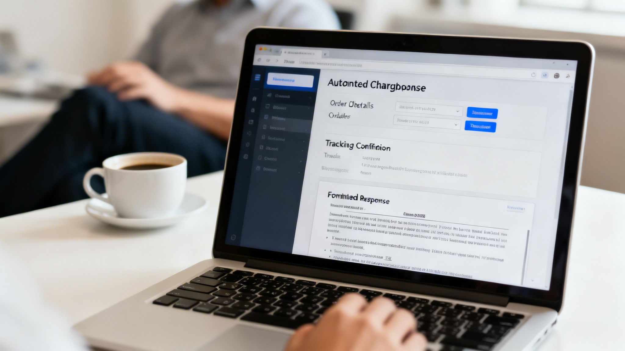 A person's hands typing on a laptop displaying an automated chargeback management software interface.