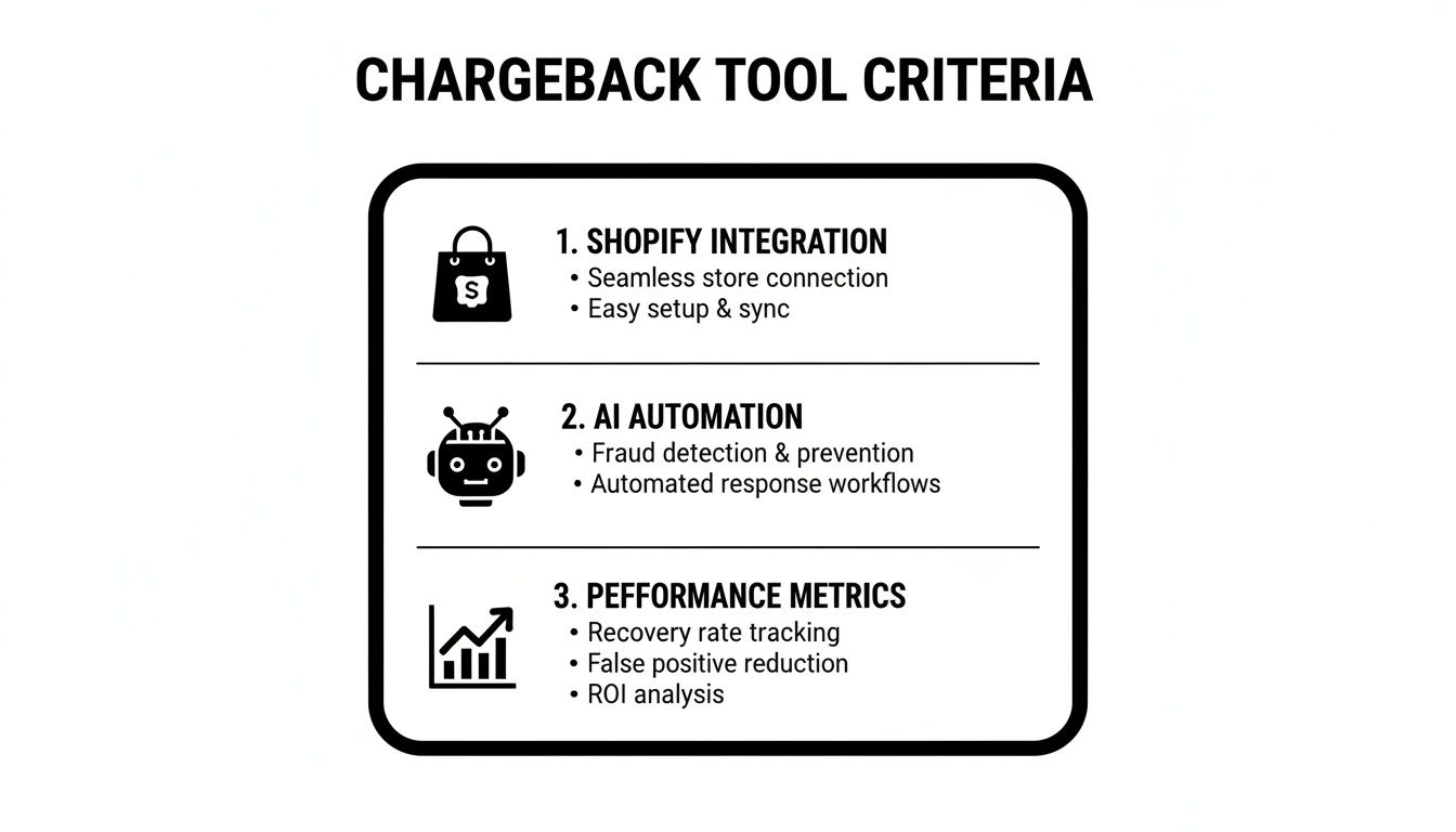 A list of chargeback tool criteria featuring Shopify integration, AI automation, and performance metrics.