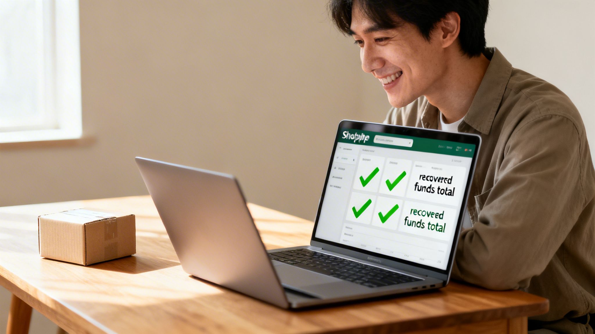 A smiling man views a laptop screen showing 'recovered funds total' with green checkmarks.