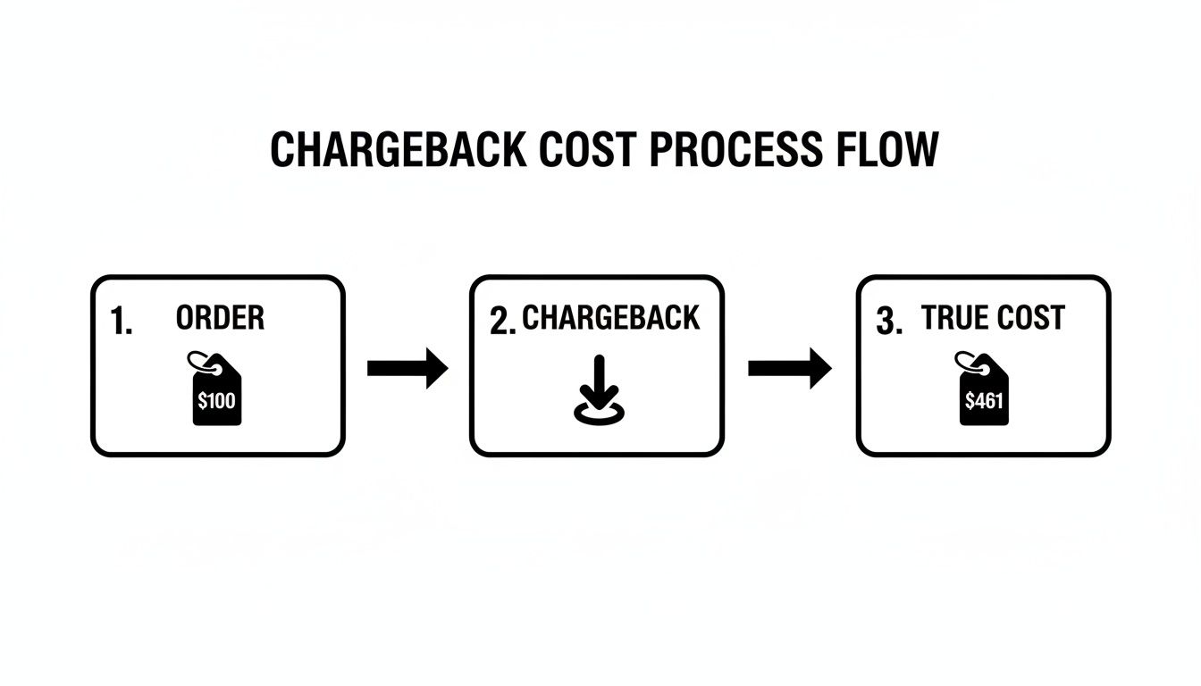 Flowchart illustrating the chargeback cost process: a $100 order leads to a true cost of $461.