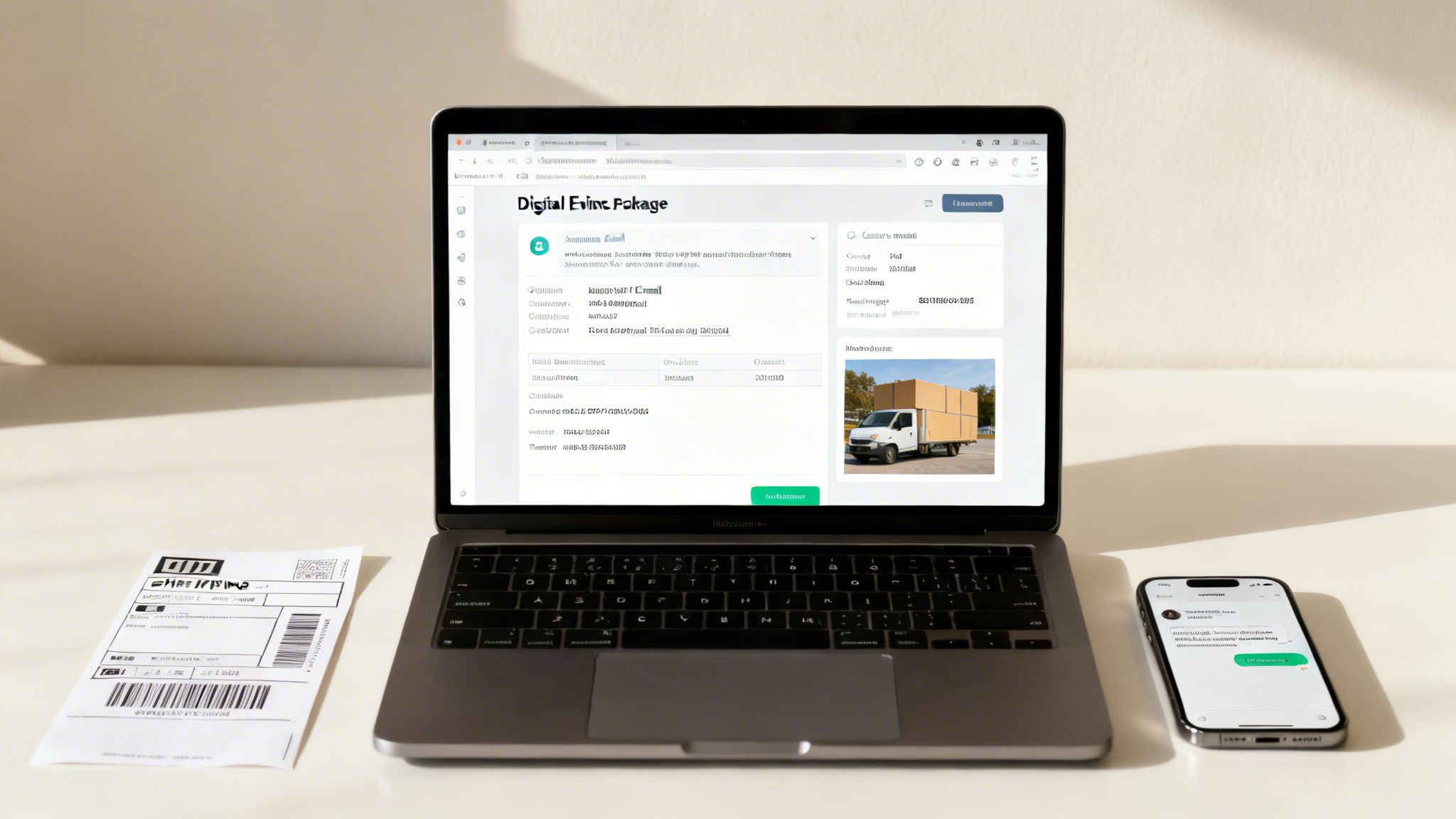 A laptop displaying a delivery service website, a shipping label, and a smartphone on a white desk.