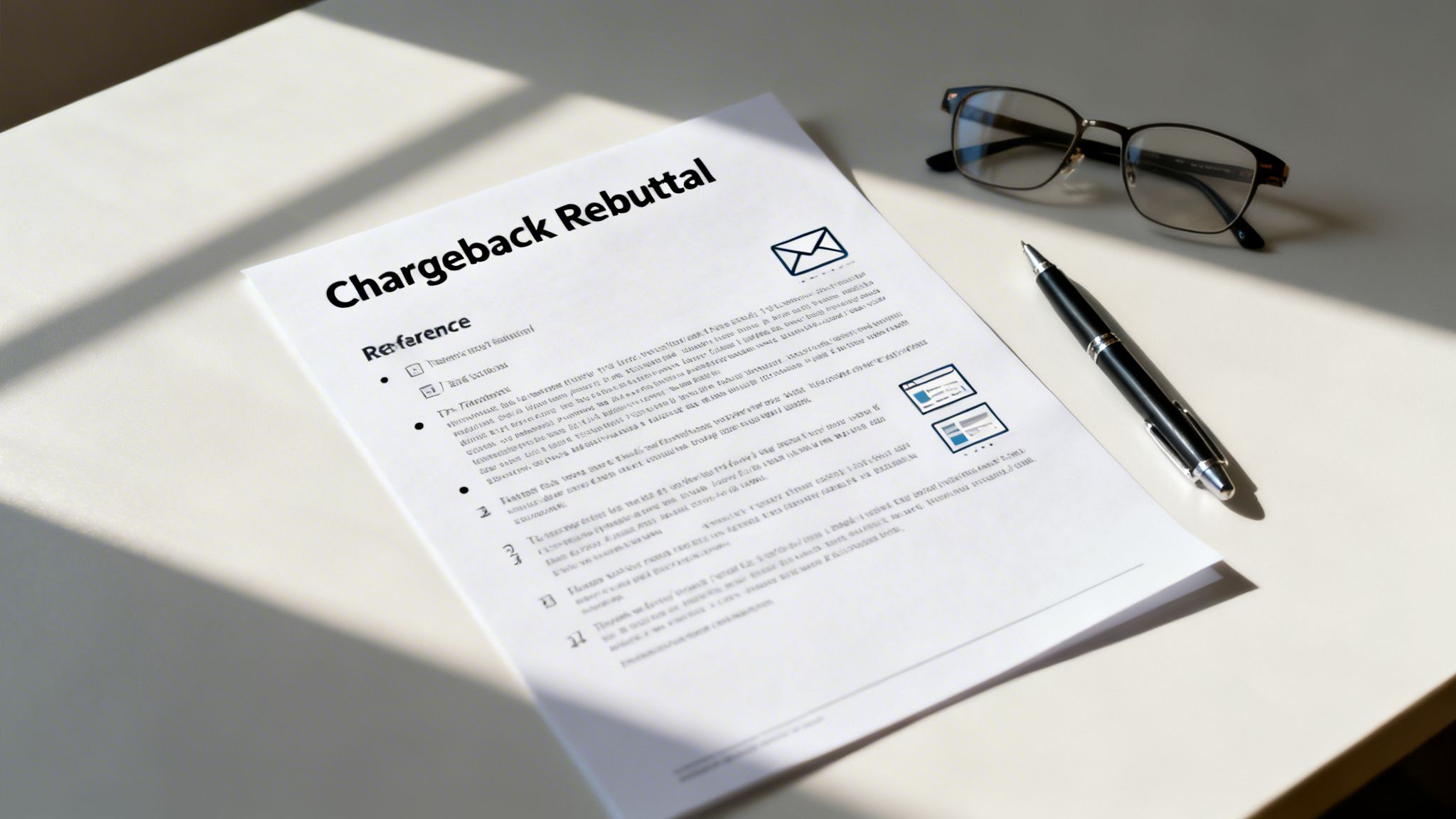 A white document titled 'Chargeback Rebuttal' with a pen and glasses on a bright desk.
